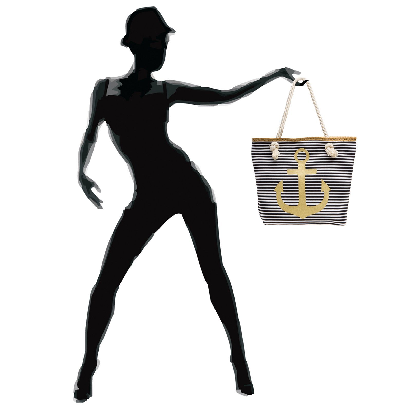 Caspar Strandtasche maritimen Shopper Streifen Reißverschluss gold TS1040 ANKER Damen Strandtasche - schwarz Muster mit und 