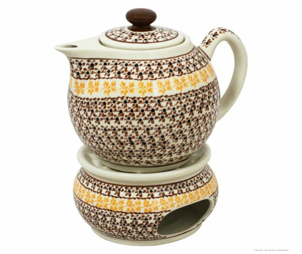 Bunzlauer Keramik Teekanne 1 Liter Teekanne mit Stövchen – Moderne, abgerundete Form, Dekor 973, 1,00 l