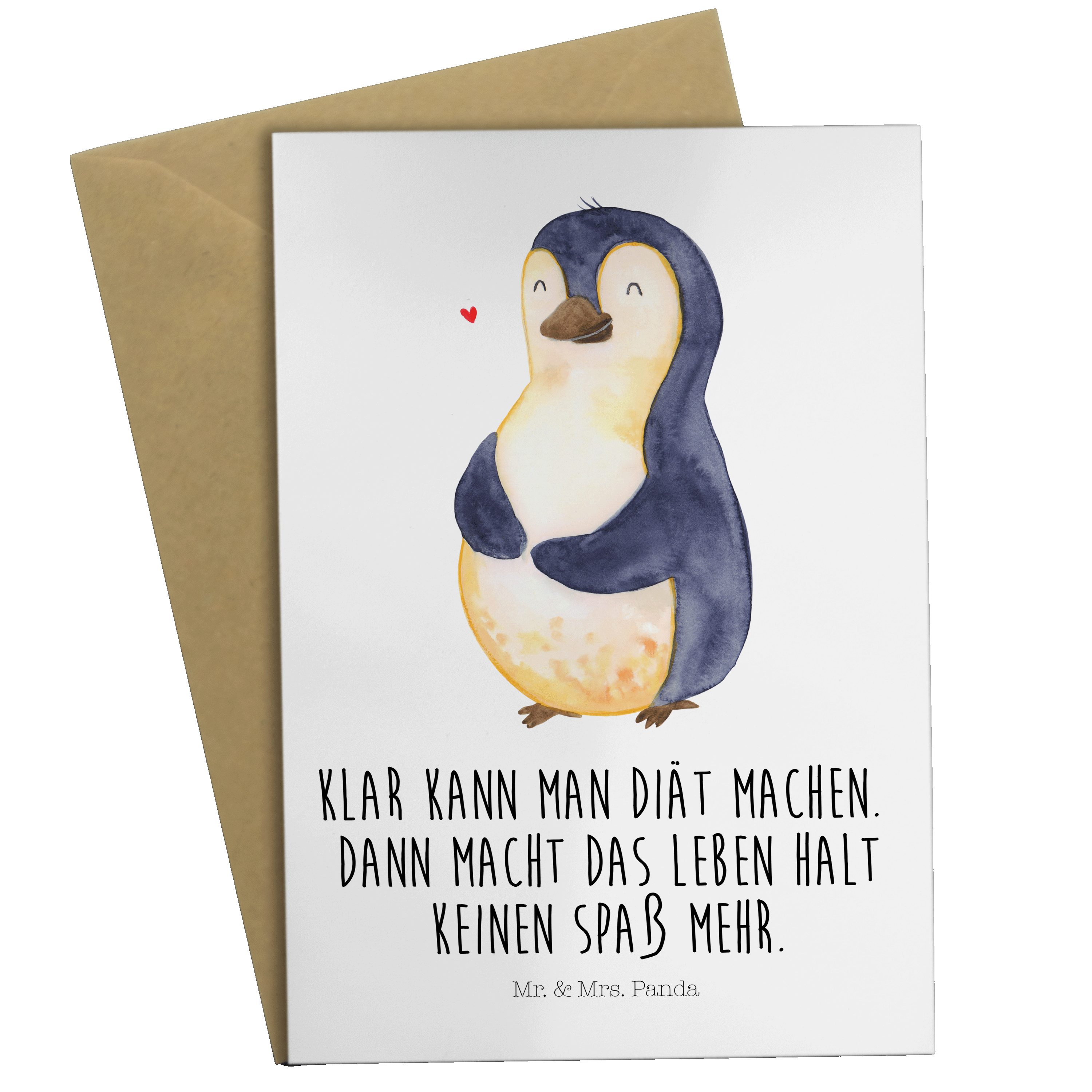 Mr. & Mrs. Panda Grußkarte Pinguin Diät - Weiß - Geschenk, dick, Hochzeitskarte, Bauch, Abspecke, Hochwertiger Karton