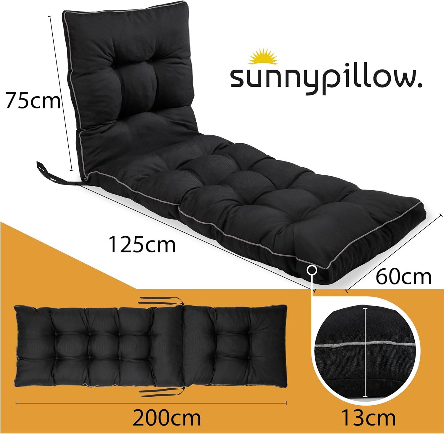 sunnypillow Liegenauflage 200 x 60 - Auflage für Gartenliege extra dick 13cm, Schwarz