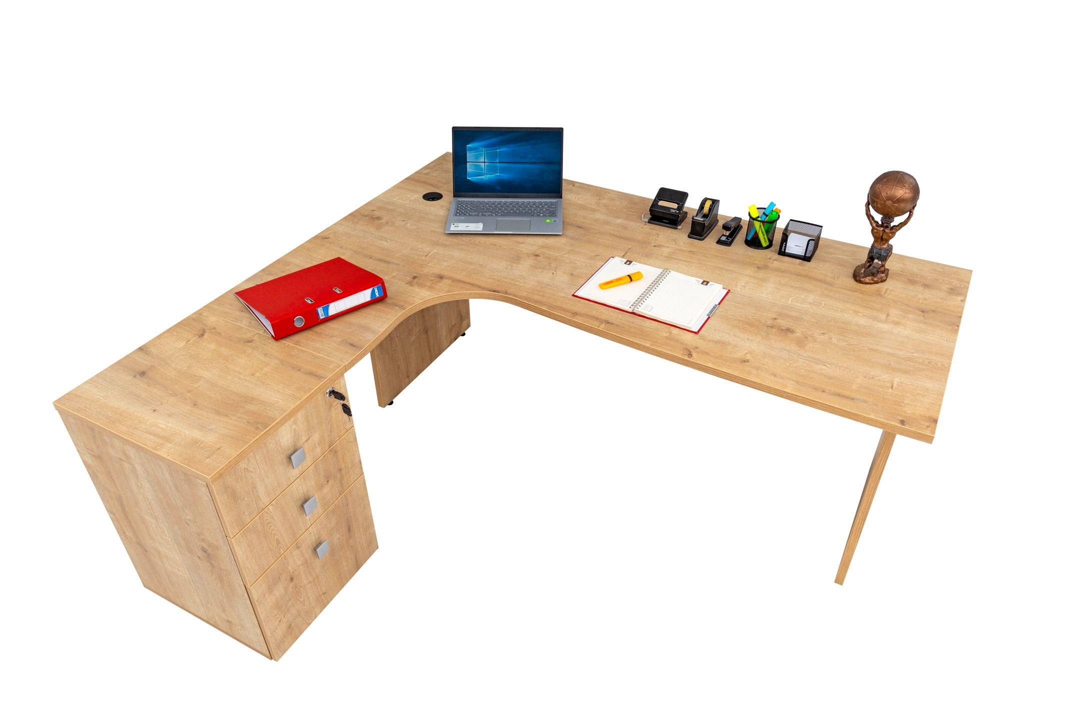 Schreibtisch Winkelschreibtisch inkl. cm, Beistellcontainer Furni24 Dona,Holzfuss,Eiche,180
