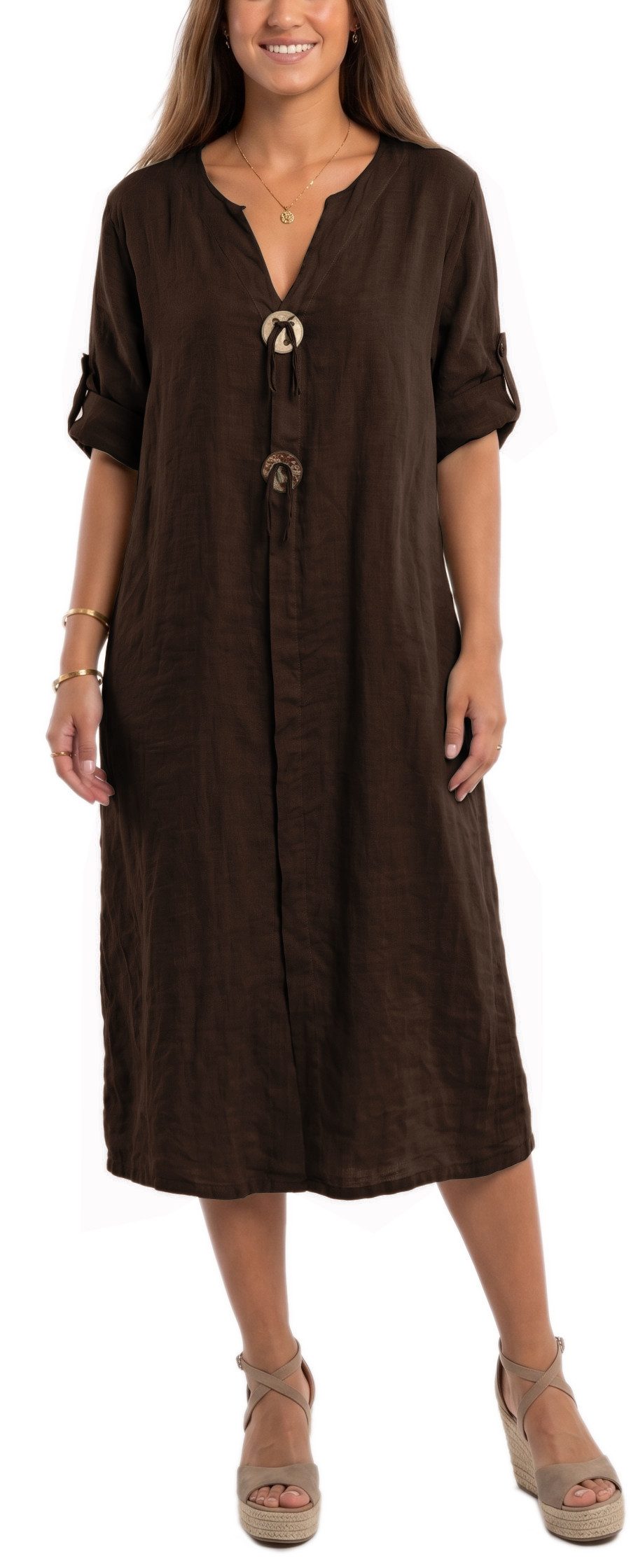 dy_mode Hemdblusenkleid Damen Leinenkleid Midi Hemdblusenkleid mit V-Ausschnitt Freizeitkleid in Unifarbe, V-Ausschnitt, mit seitlichen Eingriffstaschen