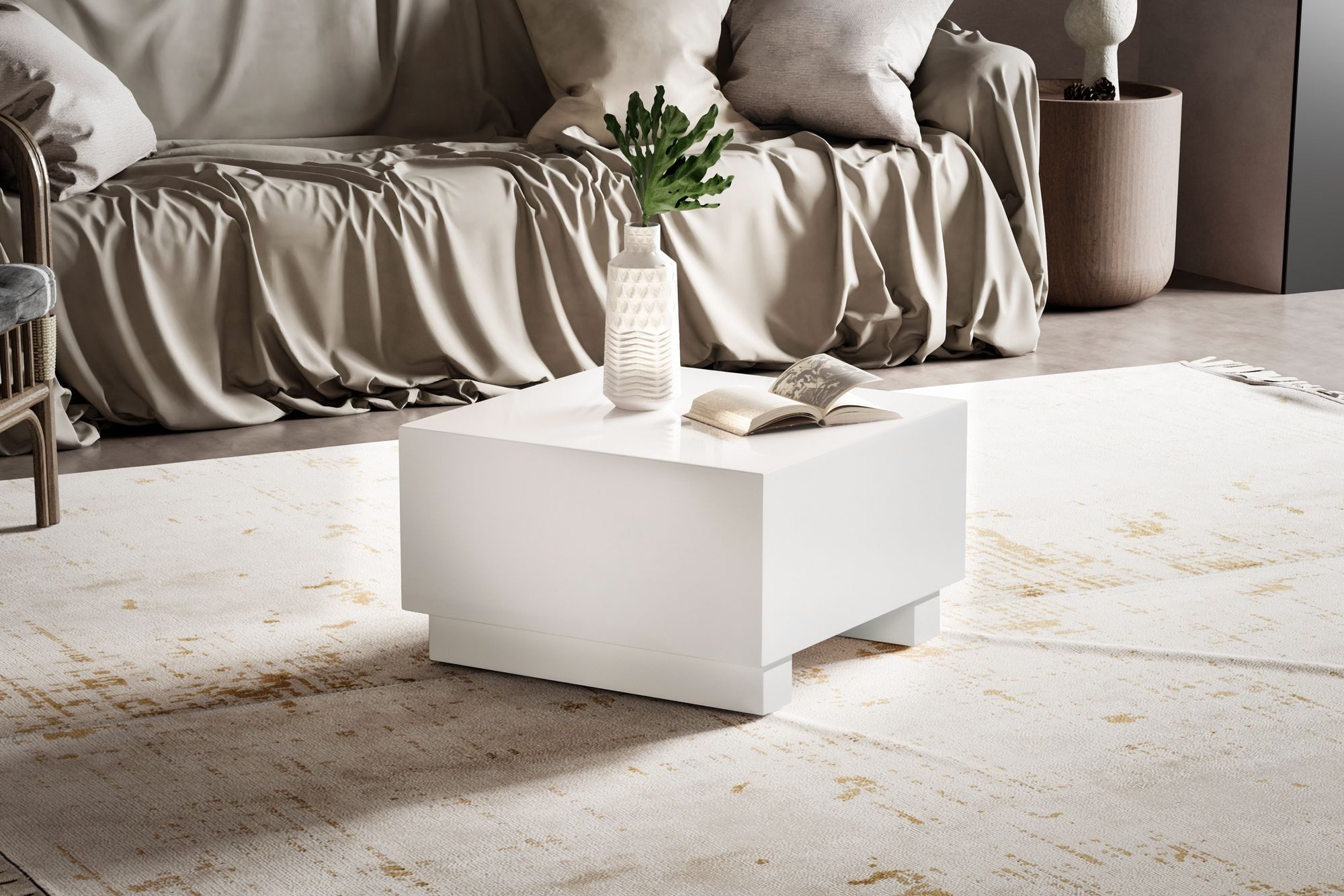 FINEBUY Couchtisch FB100042 Sofatisch MONOBLOC Weiß Hochglanz 60x60 cm Wohnzimmertisch (MONOBLOC 60x60x35 cm MDF Hochglanz Cube Würfel), Kaffeetisch Klein Quadratisch, Sofatisch Weiß
