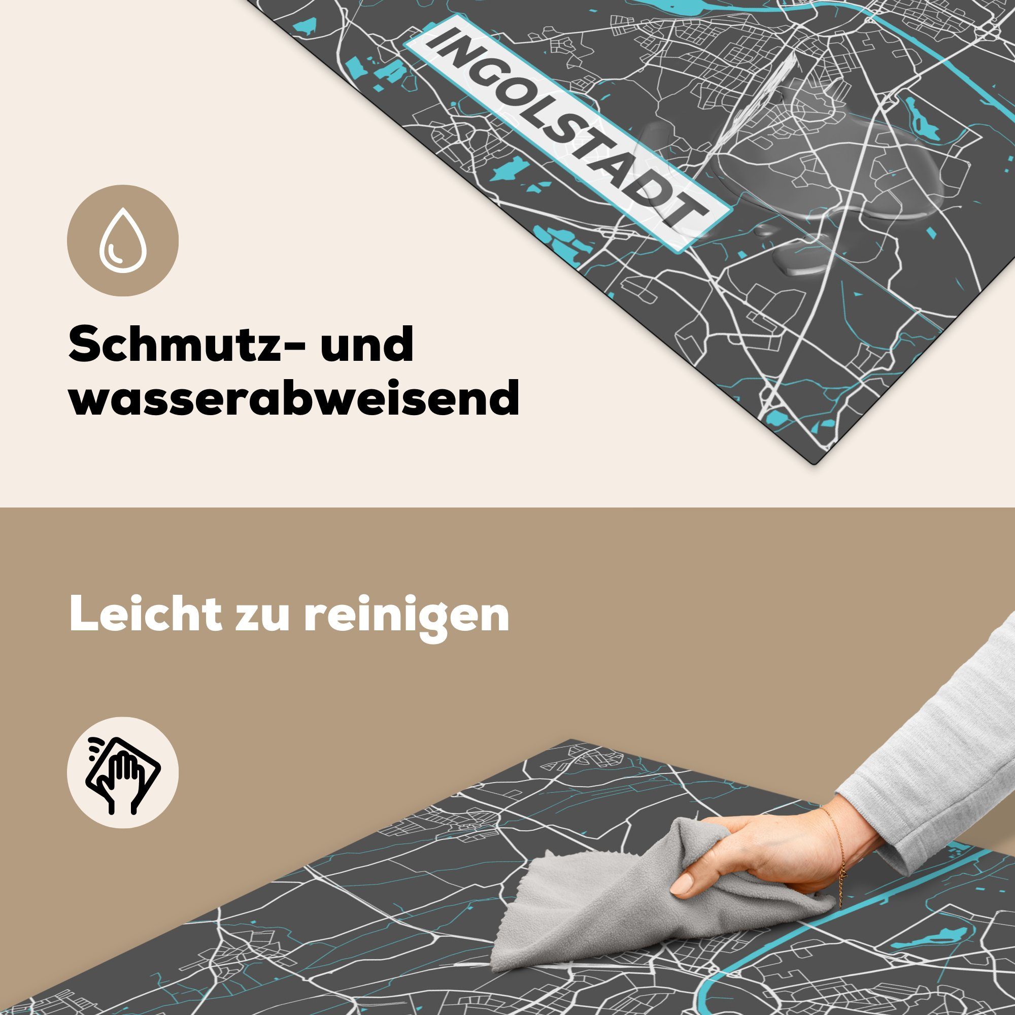Ceranfeldabdeckung, 78x78 Deutschland - Karte küche Blau - tlg), - Stadtplan Herdblende-/Abdeckplatte Karte, für - (1 MuchoWow Ingolstadt Vinyl, cm, Arbeitsplatte -