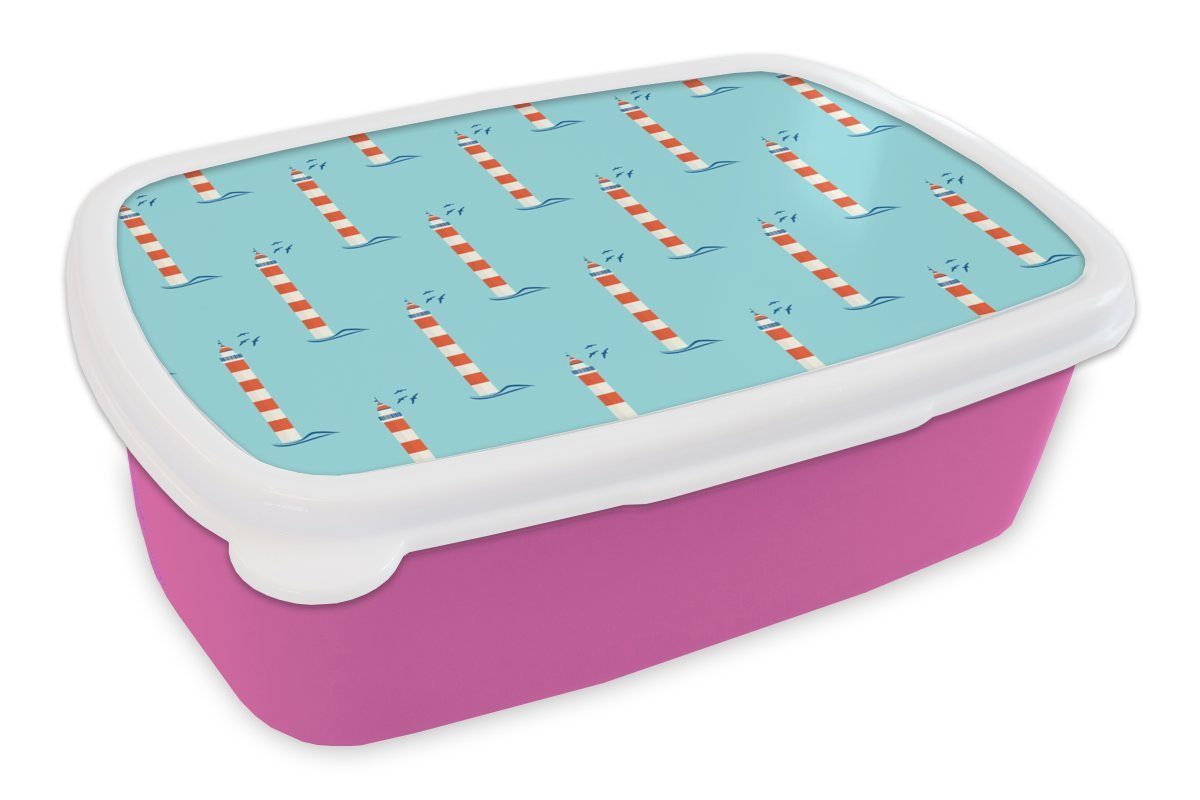 MuchoWow Lunchbox Leuchtturm - Blau - Strand - Muster, Kunststoff, (2-tlg), Brotbox für Erwachsene, Brotdose Kinder, Snackbox, Mädchen, Kunststoff rosa