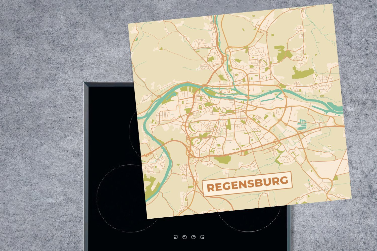 Stadtplan (1 MuchoWow - - Regensburg 78x78 Stadtplan cm, Arbeitsplatte küche Ceranfeldabdeckung, - tlg), Vinyl, Herdblende-/Abdeckplatte für Vintage,