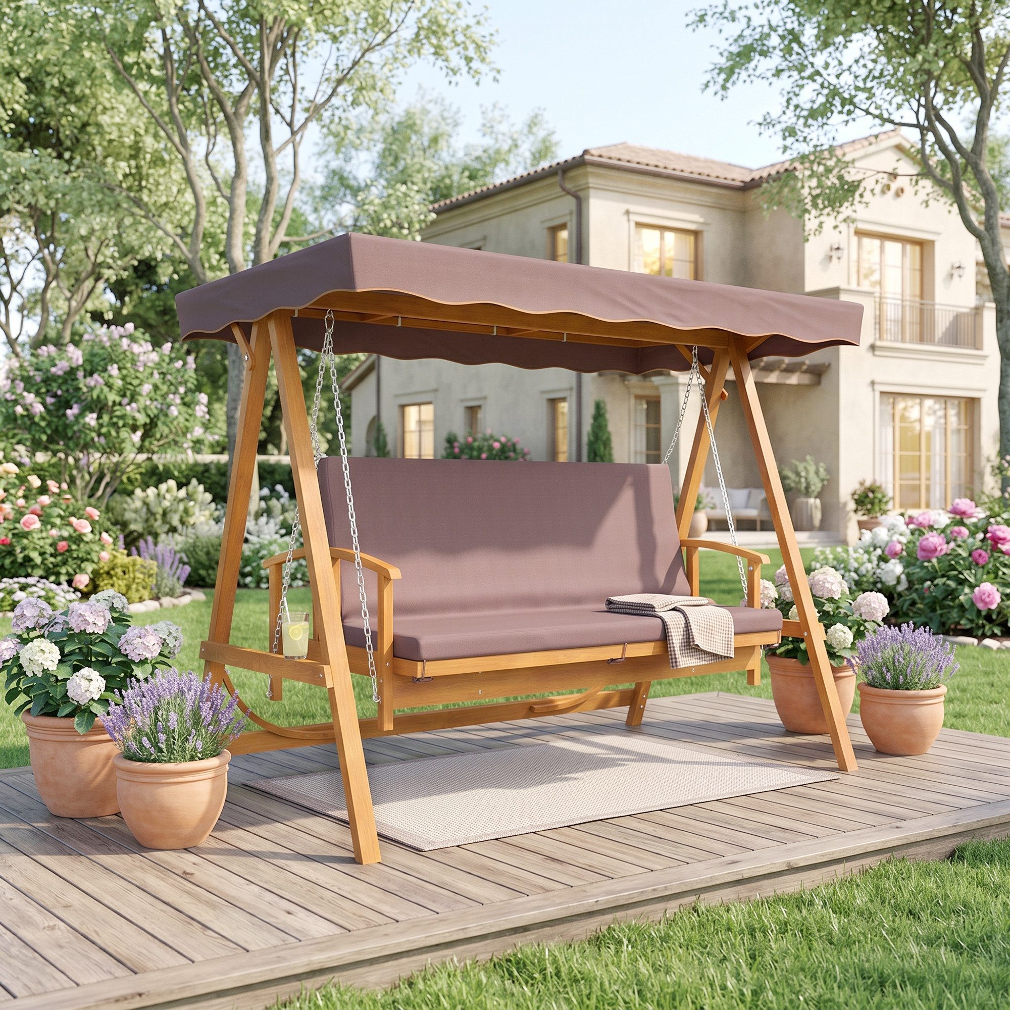 Outsunny Hollywoodschaukel mit Sonnendach, Sitzauflage, bis 330kg, 3-Sitzer, Liegefunktion, 3-Sitzer Gartenschaukel aus Holz, 1 tlg., 2 in 1 Holzschaukel mit Liegefunktion, für Garten, Terrasse, 236x130x181 cm, Braun