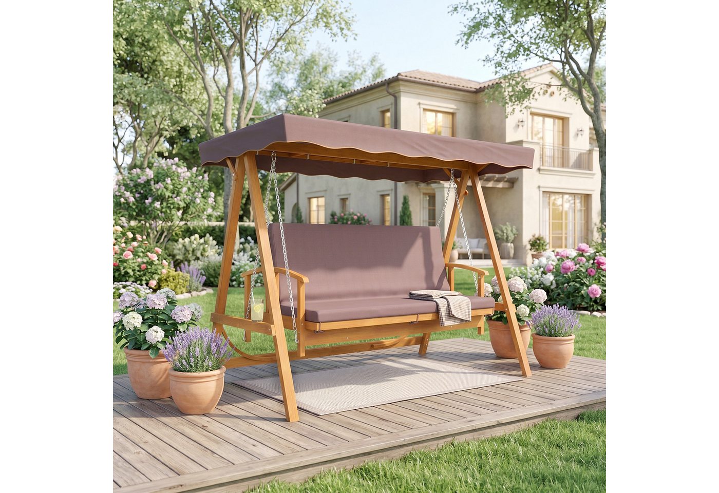 Outsunny Hollywoodschaukel 2 in 1 Gartenschaukel aus Holz mit Sonnendach Sitzauflage bis 330kg, 3-Sitzer, Liegefunktion, 3-Sitzer Gartenschaukel aus Holz, 1 tlg., 2 in 1 Holzschaukel mit Liegefunktion, für Garten, Terrasse, 236x130x181 cm, Braun
