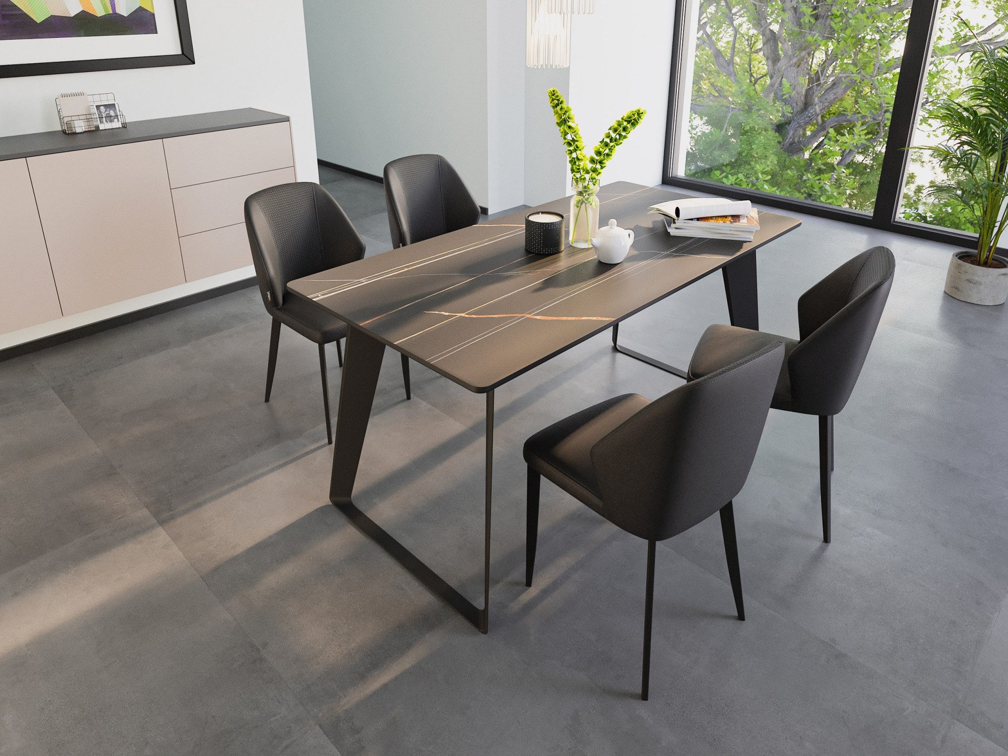 Magnolia Home Esszimmer-Set Esstisch Set FLORINT 160 schwarze Keramikplatte mit 4 Stühlen Kunstled
