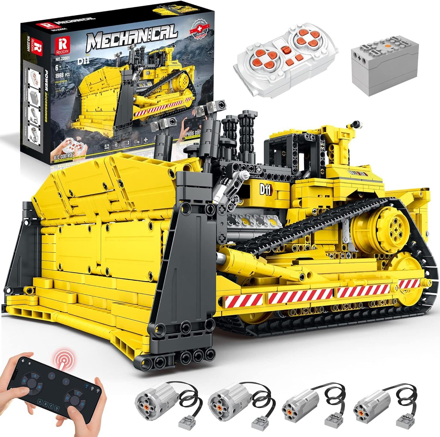 Reobrix Reobrix 22001 Mechanical Bulldozer - Technik Modell - RC-Control Konstruktionsspielsteine, (1988 St)