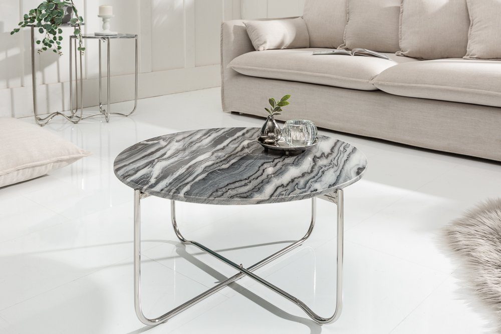 riess-ambiente Couchtisch NOBLE Ø65cm grau / silber (Einzelartikel, 1-St), Wohnzimmer · rund · abnehmbare Marmor-Tischplatte · Metall · handmade
