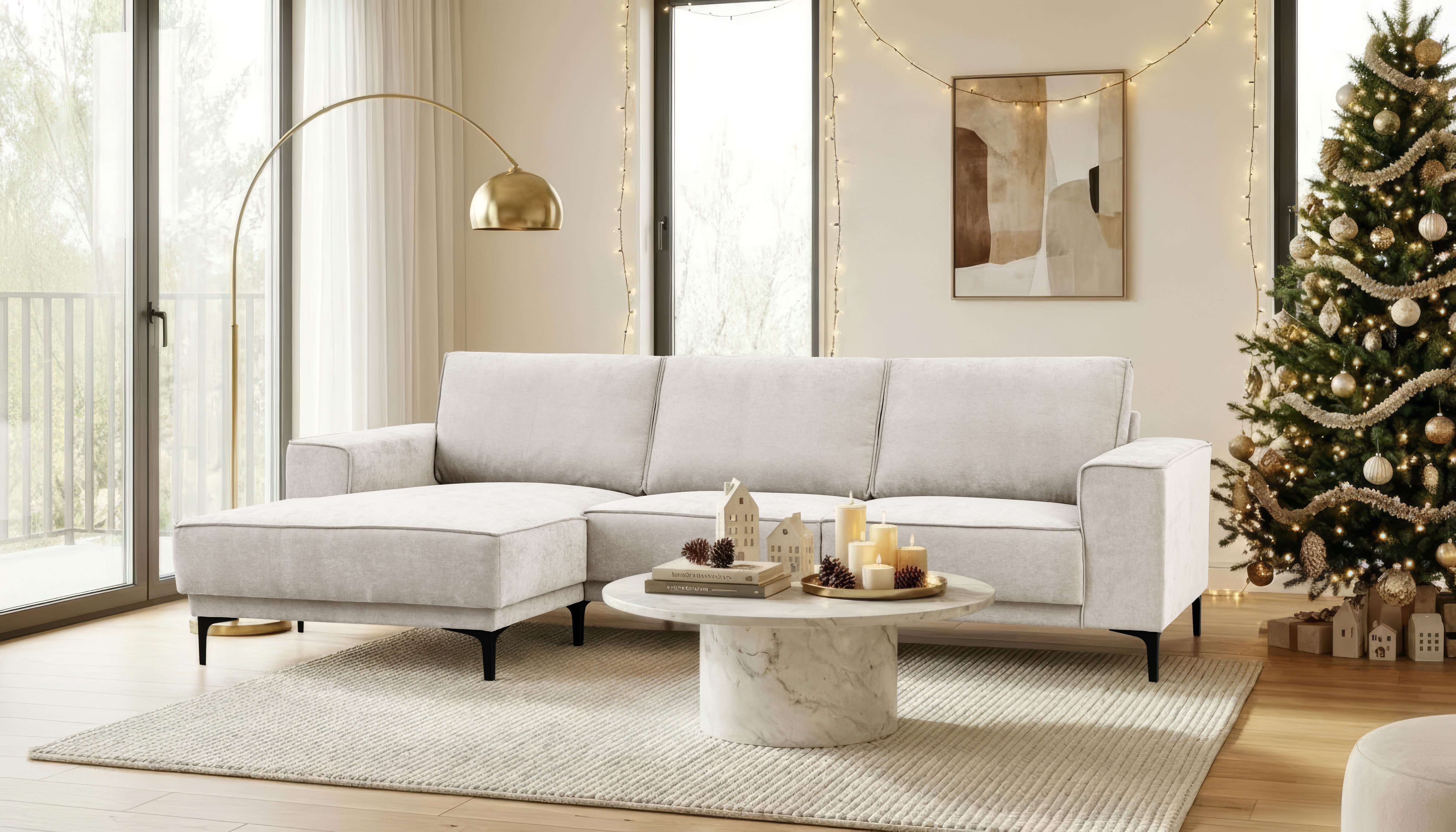 OTTO home Ecksofa Polsterecke Oland, Struktur, Flachgewebe, Luxus-Microfaser, Boucle, L-Form, 280 cm, Wellenunterfederung, Skandi-Design, Metallfüße