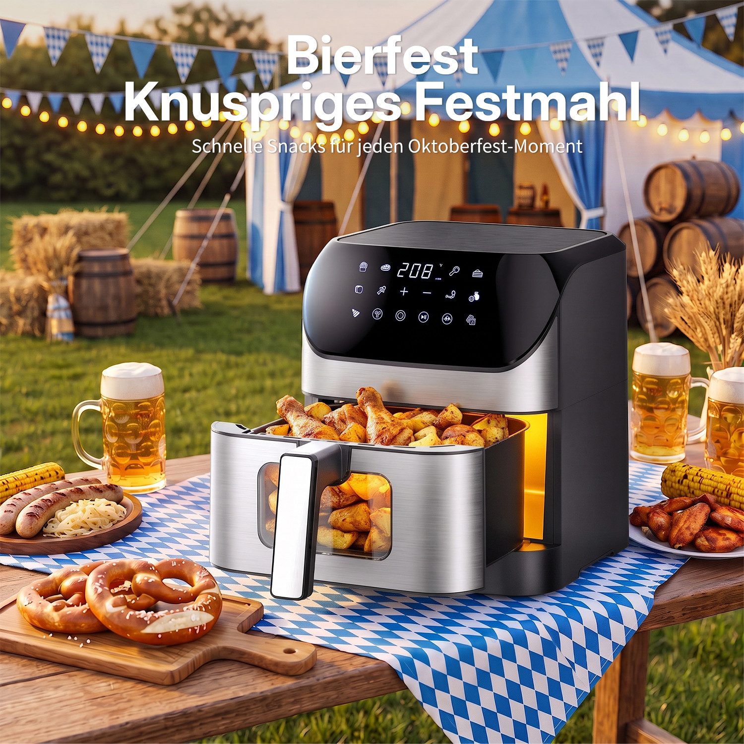 oyajia Heißluftfritteuse Heißluftfritteuse XXL 8L mit Sichtfenster, Friteuse ohne Öl 80°C-200°C, 1800 W, Airfryer mit 10 Programmen, Beleuchtung, Timer und Touc – Bild 2 von 5