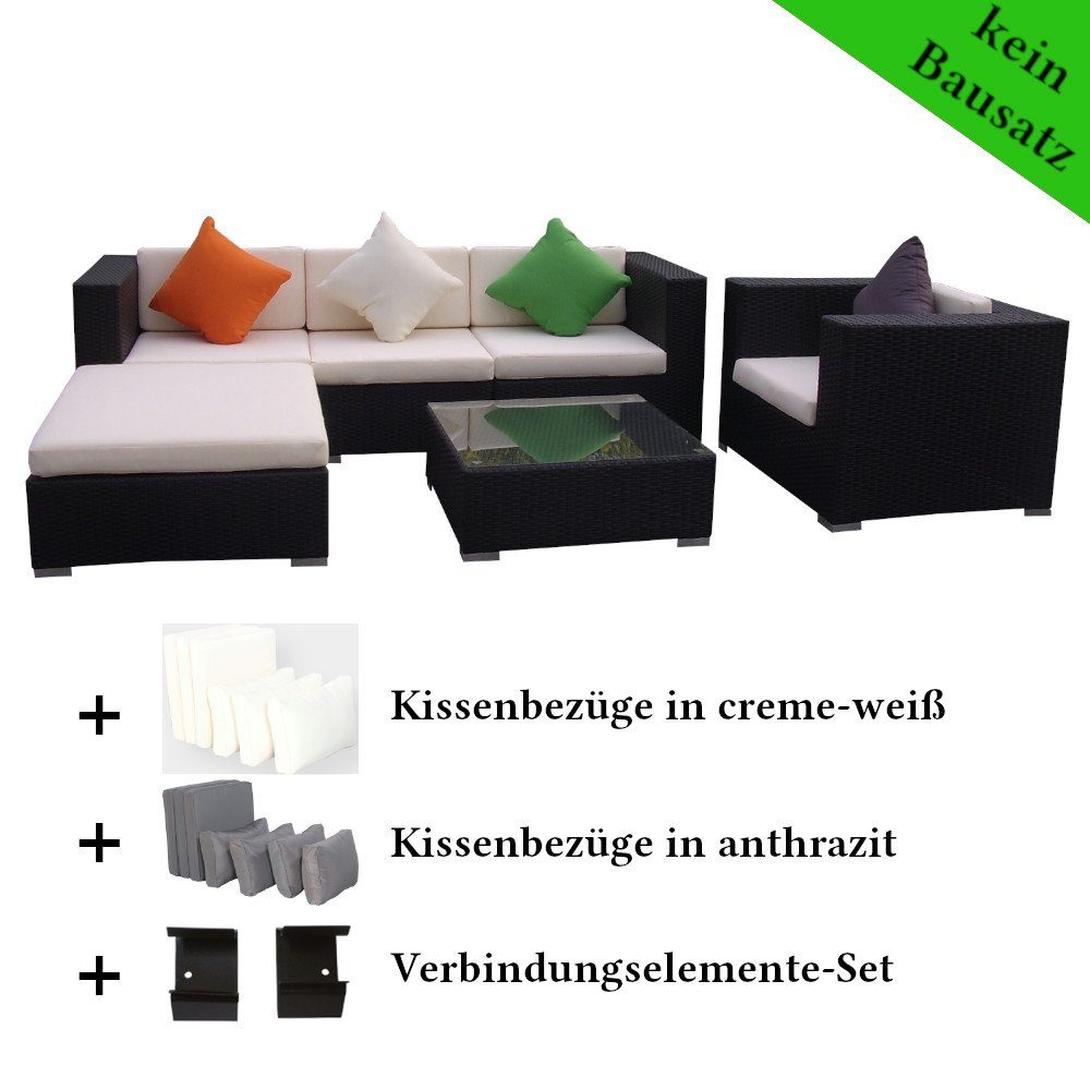 LinJa Gartenlounge-Set Poly Rattan Gartenmöbel Florida schwarz Alu Garnitur Lounge Garten, (Set)