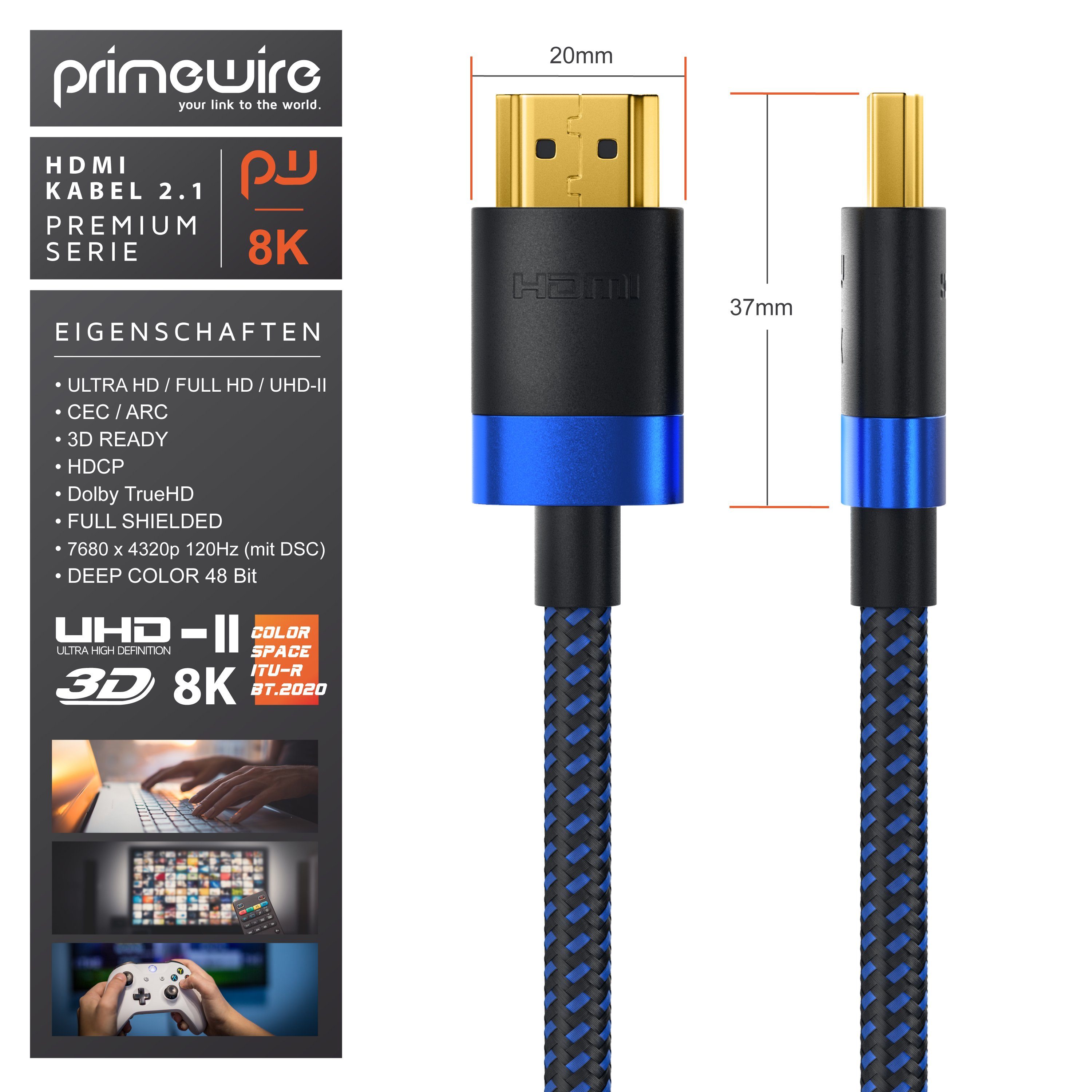 Primewire HDMI-Kabel, 2.1, HDMI Typ A (150 cm), 8K @ 120Hz / 4K @ 240Hz DSC, Ultra High Speed, Nylonummantelung, 1,5m