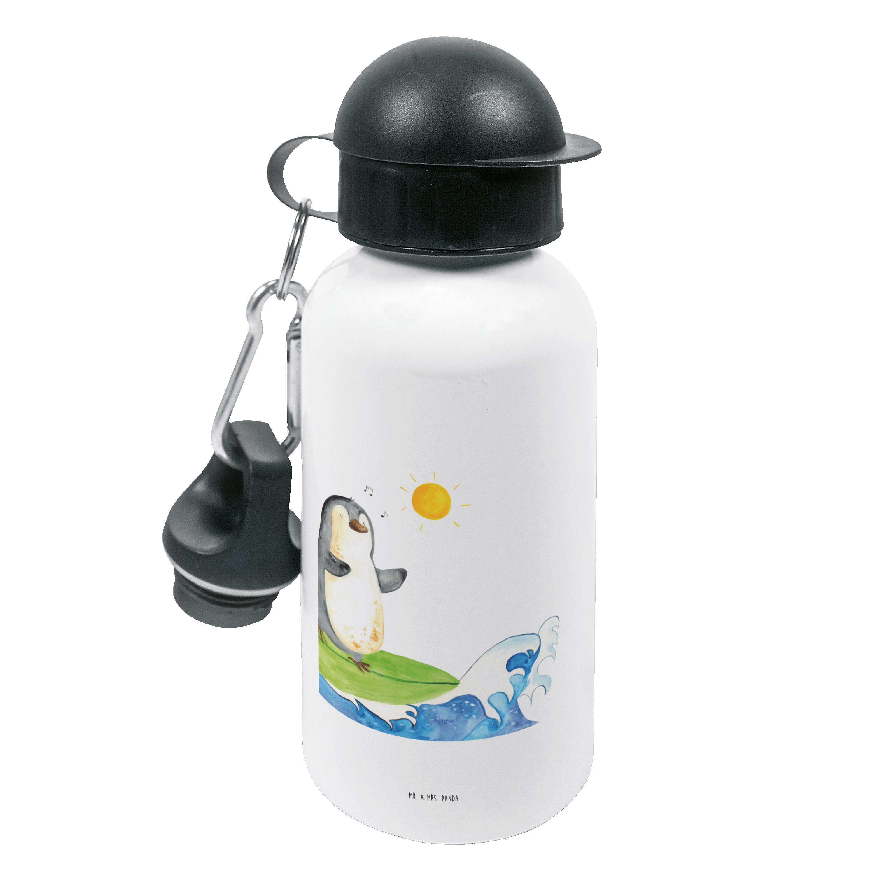 Mr. & Mrs. Panda Trinkflasche Pinguin Surfer - Weiß - Geschenk, Kinder, surfen, Wellen reiten, Trin, Fröhliche Motive