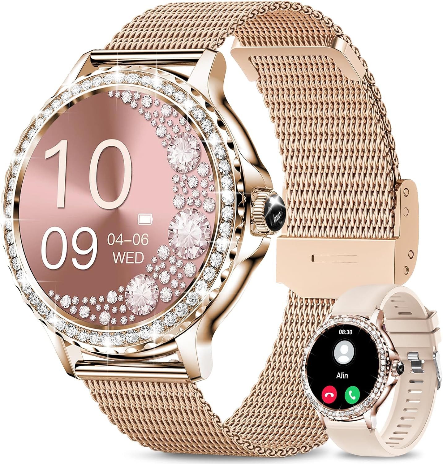 Fitoncloud montre connectée femme Smartwatch (3,3 cm, android ios), Elegante Damen Smartwatch mit Telefonfunktion und Gesundheitsfeatures