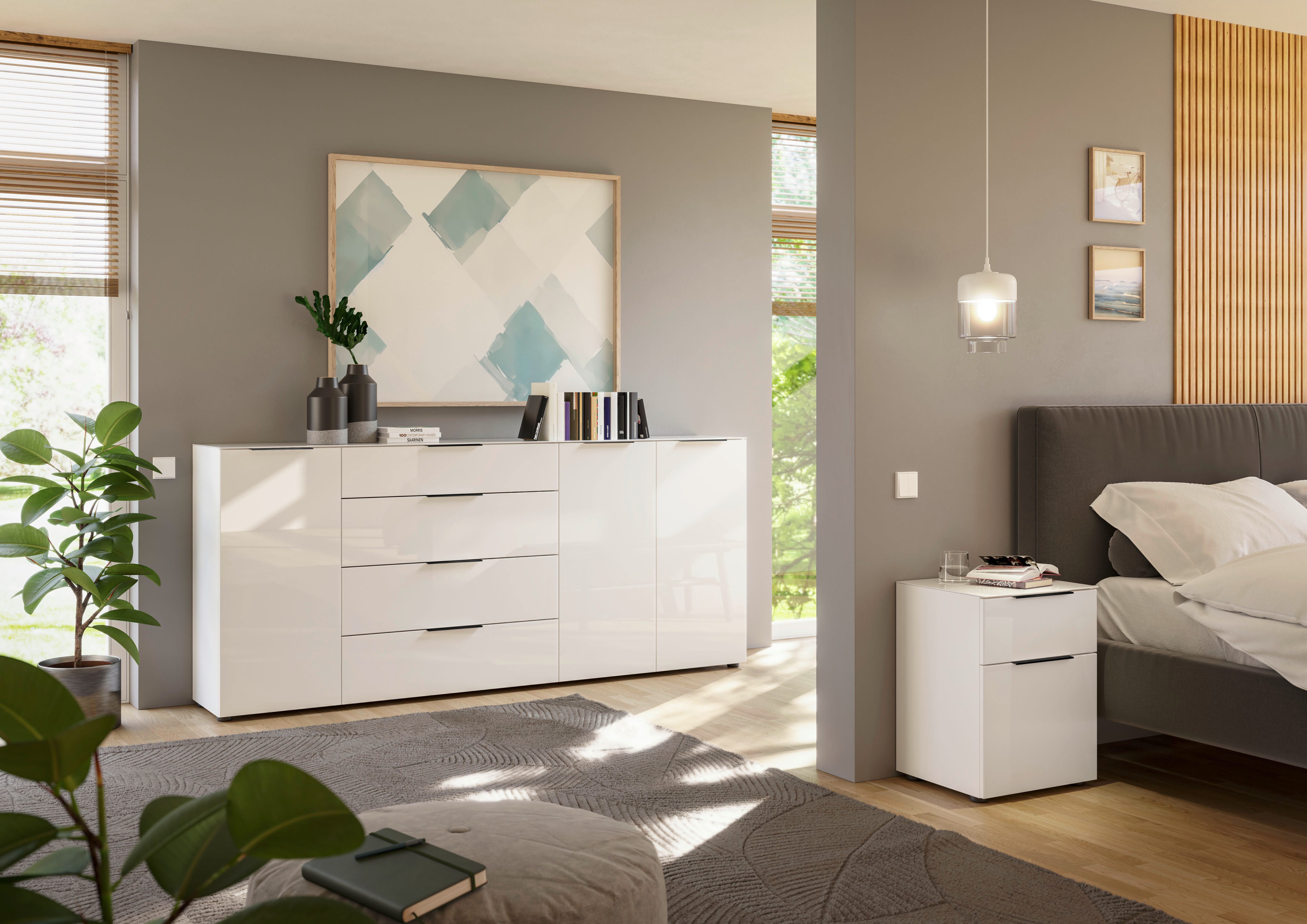 Manjana Möbel Nachtkommode mit Chrom oder Schwarz matten Metallgriffen, mit Glasfronten, melaminbeschichtete Oberfläche, mit Vollauszug