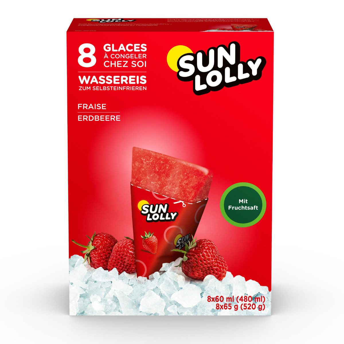 SUN LOLLY Süßigkeit, Sun Lolly Wassereis zum Selbsteinfrieren mit Erdbeergeschmack 8er