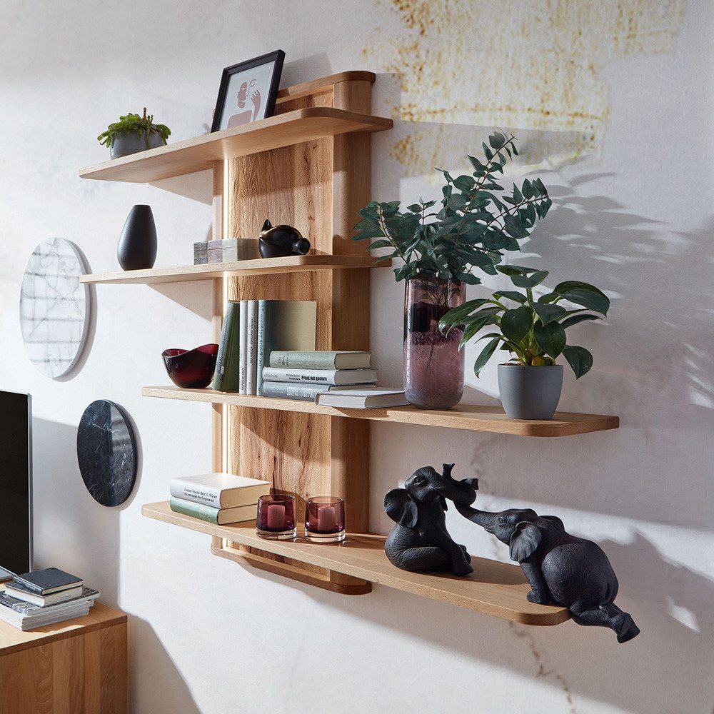 Lomadox Wandregal WELLAND-69, 160 cm breit, Kernbuche massiv geölt mit LED-Beleuchtung