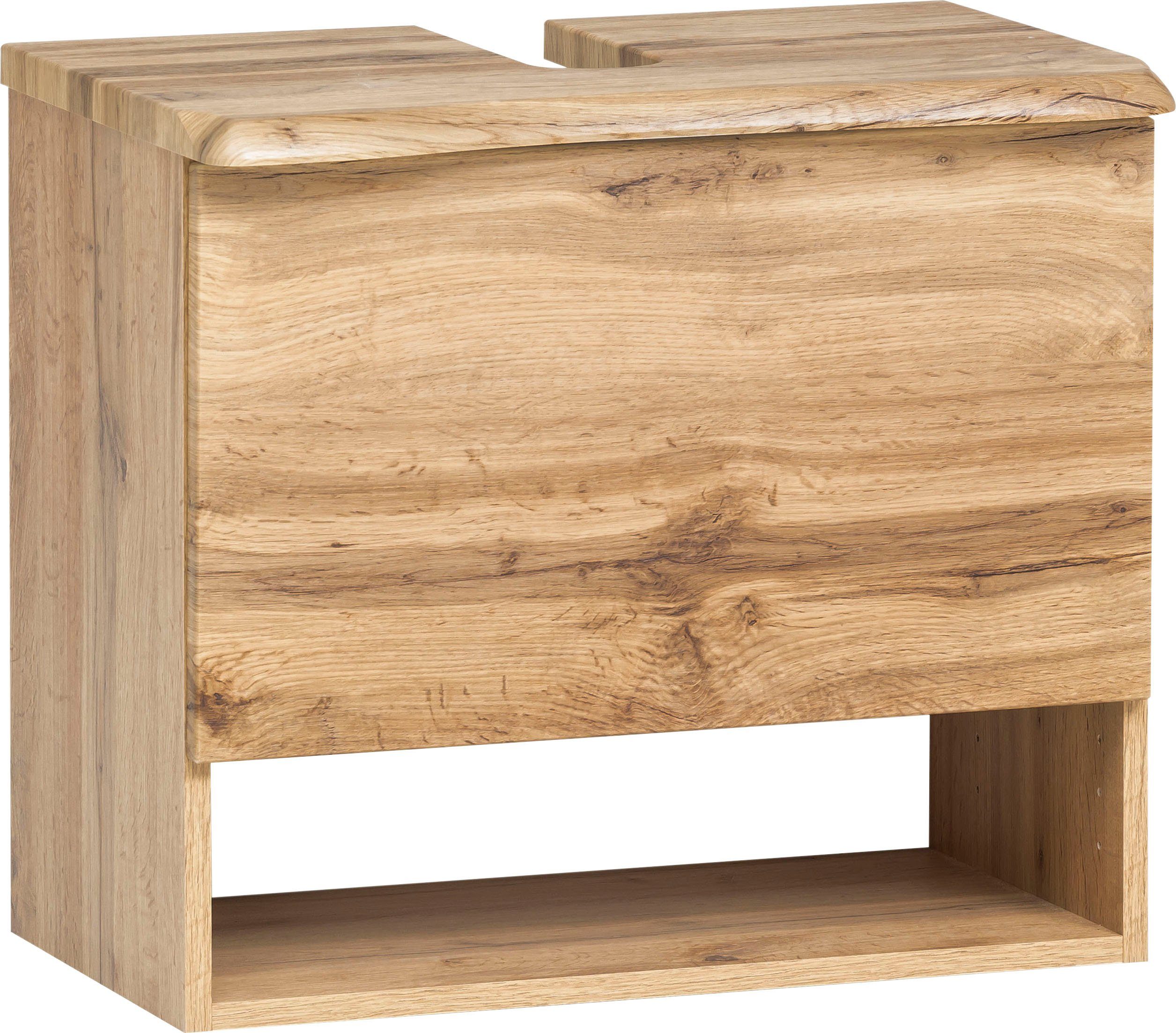welltime Waschbeckenunterschrank Stubach Bad Schrank, Abdeckplatte mit Baumkante, Breite 60 cm