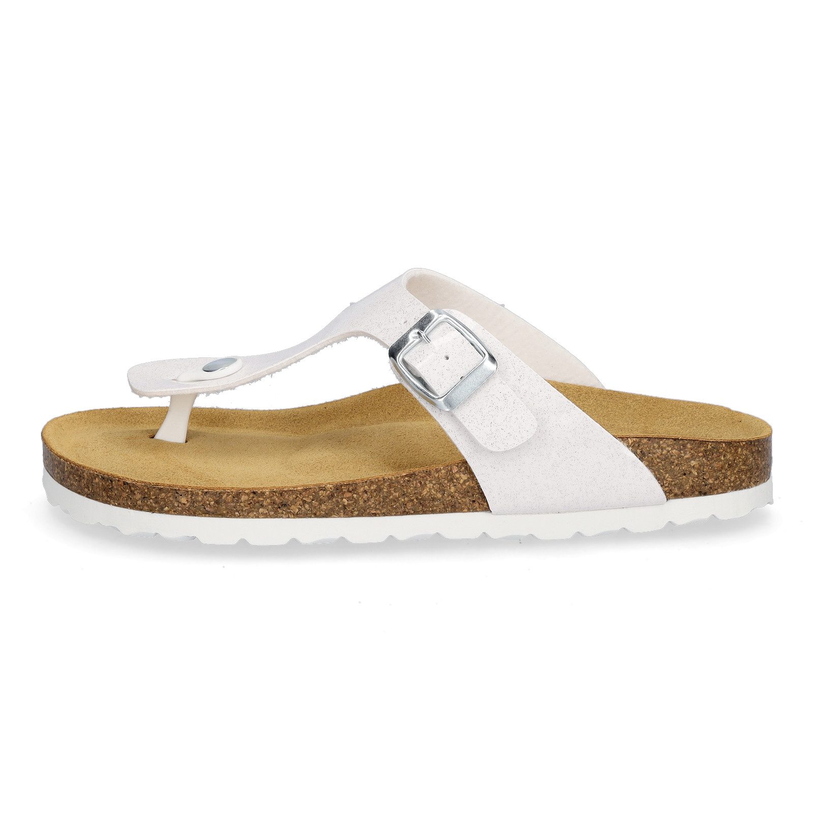 MIDS MIA Damen Pantolette weiß Glitzer, Zehentrenner mit Lederfußbett, Schnalle und Korksohle