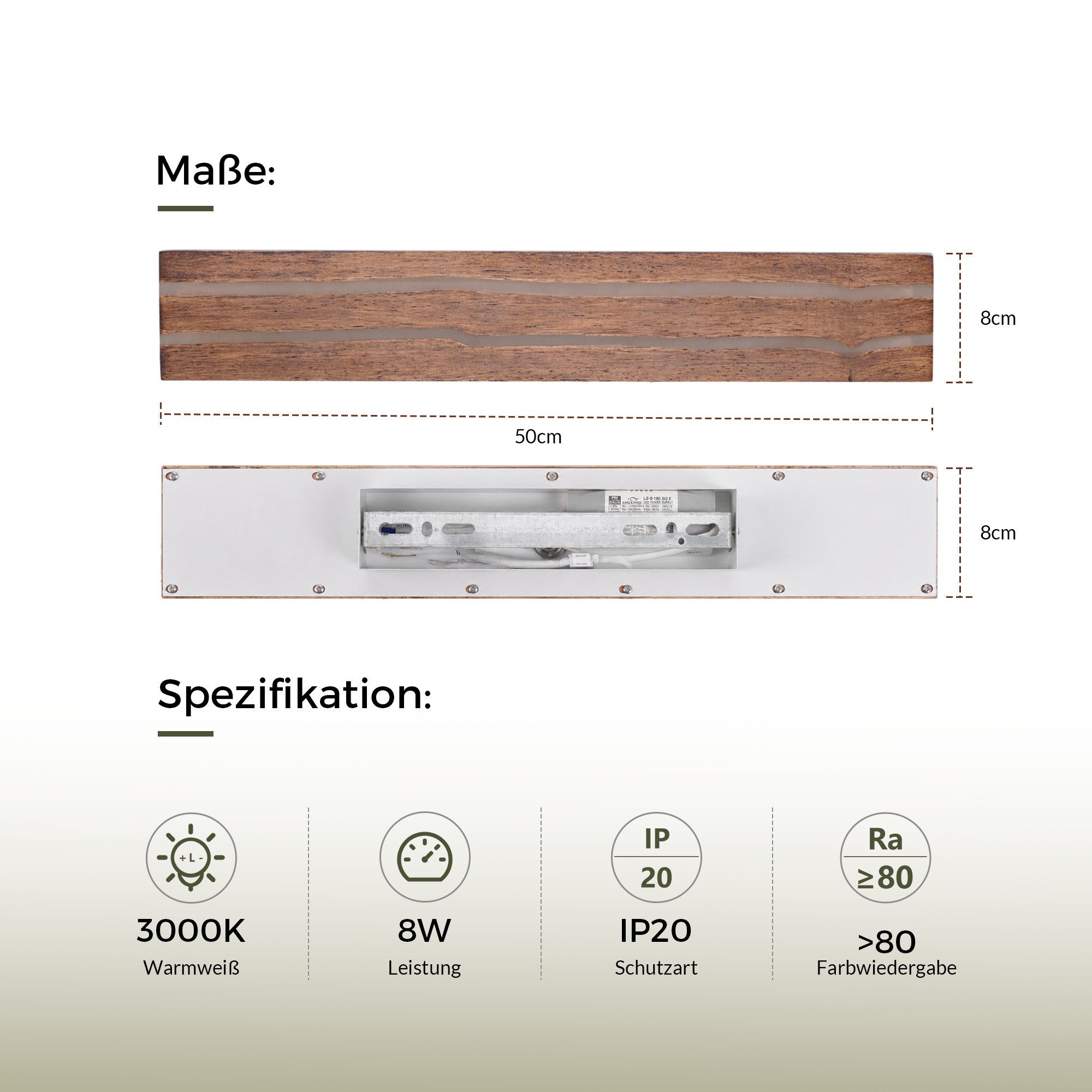 Nettlife Wandleuchte Innen Holz 50cm LED Wandlampe Warmweiß 8W vintage Indirektes Licht, LED fest integriert, warmweiß, für Wohnzimmer Schlafzimmer Stimmungsvolle Flur Treppenhaus