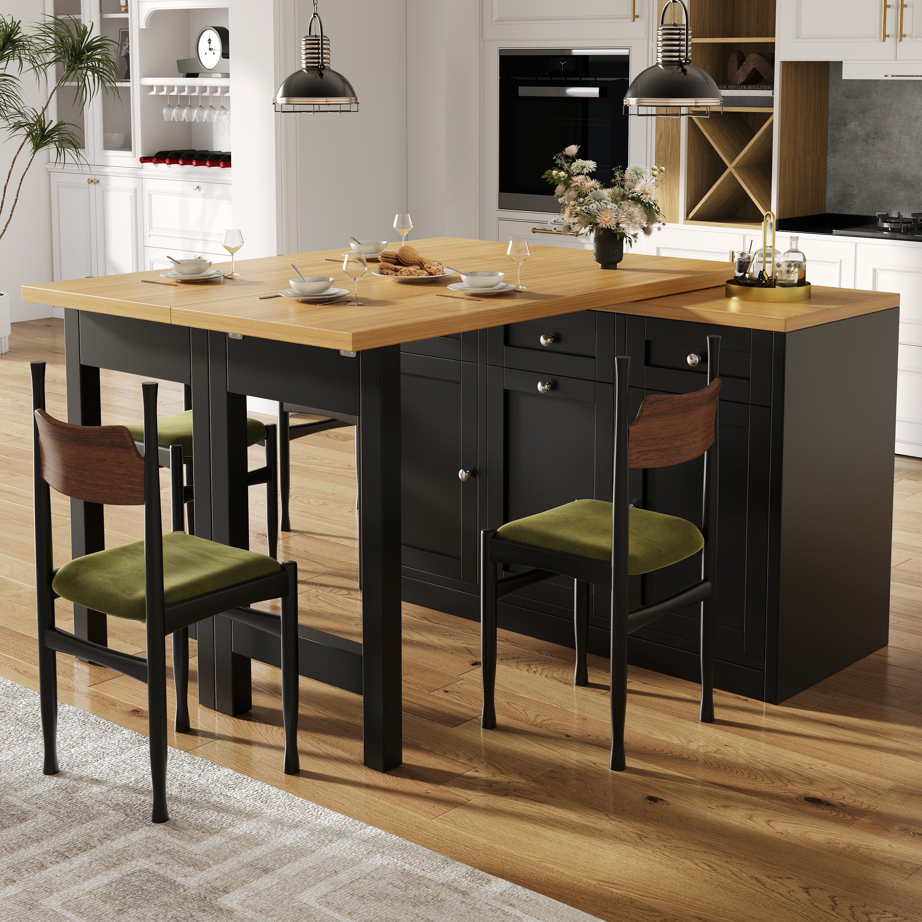 Flieks Kücheninsel Küchenschrank mit 360° drehbarer und klappbarer Arbeitstisch, (Holzoptik Tischplatte Tiefe 40-80cm, Längenverstellbar 120-200cm), ausziehbarer Esstisch & Mehrzweckschrank mit Mülleimerhalter Schwarz