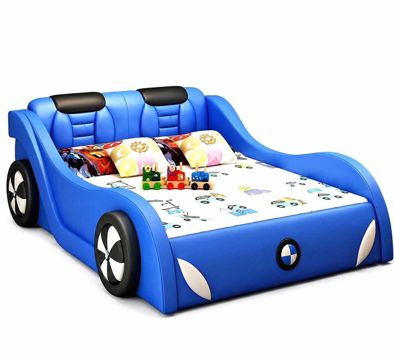 JVmoebel Autobett Blaues Kinderbett Auto-Bett LED-Beleuchtung auf Rädern Kinderbetten, Made in Europa
