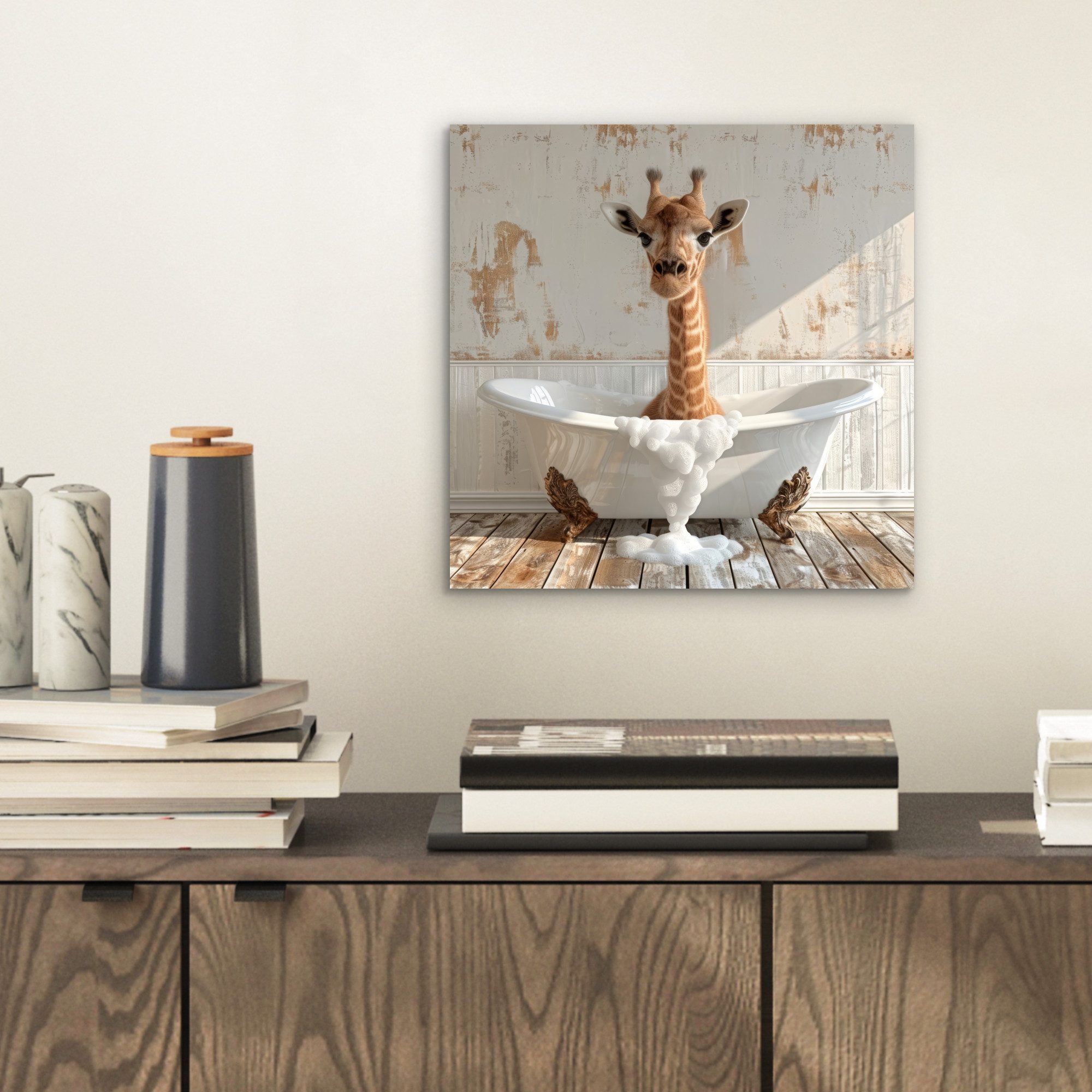 MuchoWow Metallbild Giraffe - Badewanne - Vintage - Tiere, Inkl. Aufhängung, Metallbilder Badezimmer, Toilette Bilder aus Metall, 20x20 cm – Bild 2 von 5
