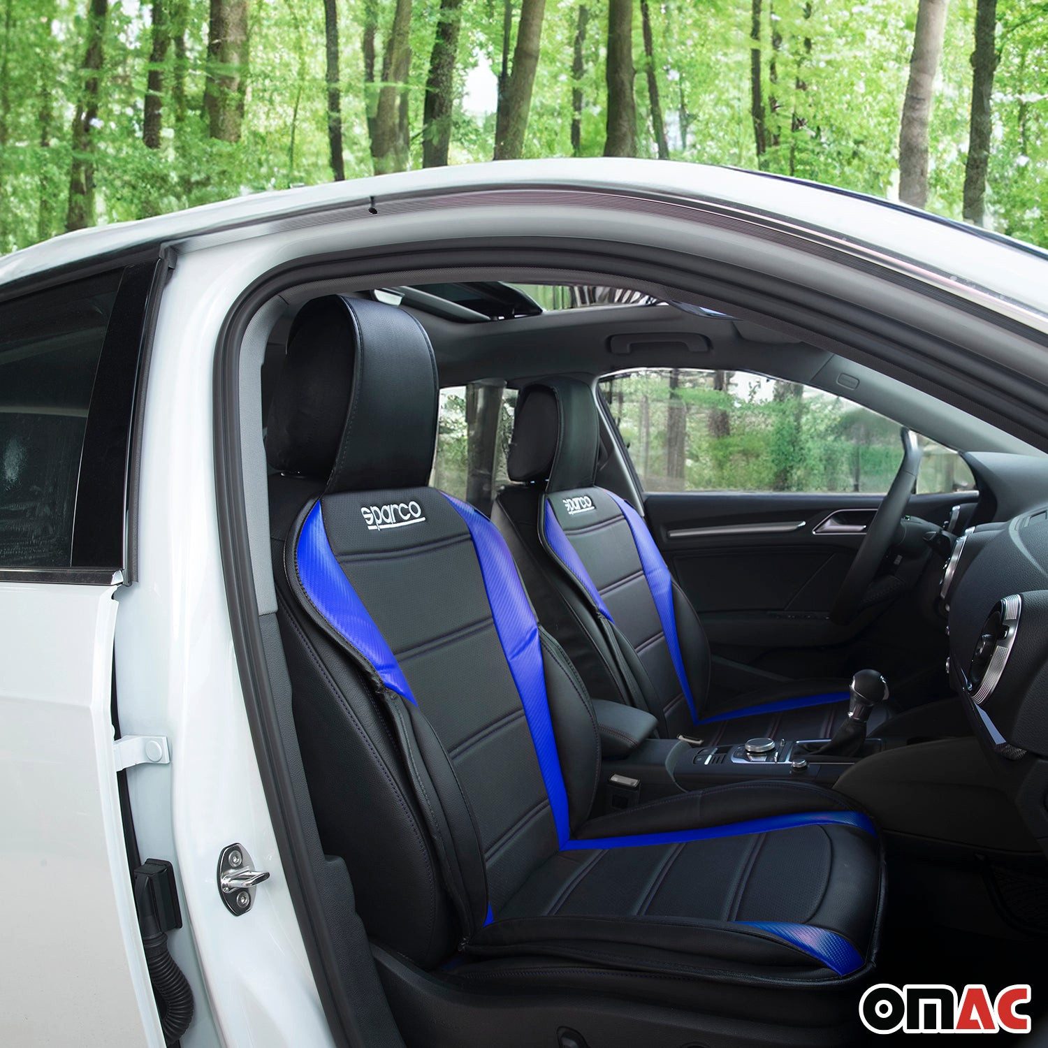 OMAC Autositzbezug SPARCO Sitzkissen Sitzauflage Universal Schwarz Blau Auto Sitzschutz, Atmungsaktiv, sportliches Aussehen, ergonomisch