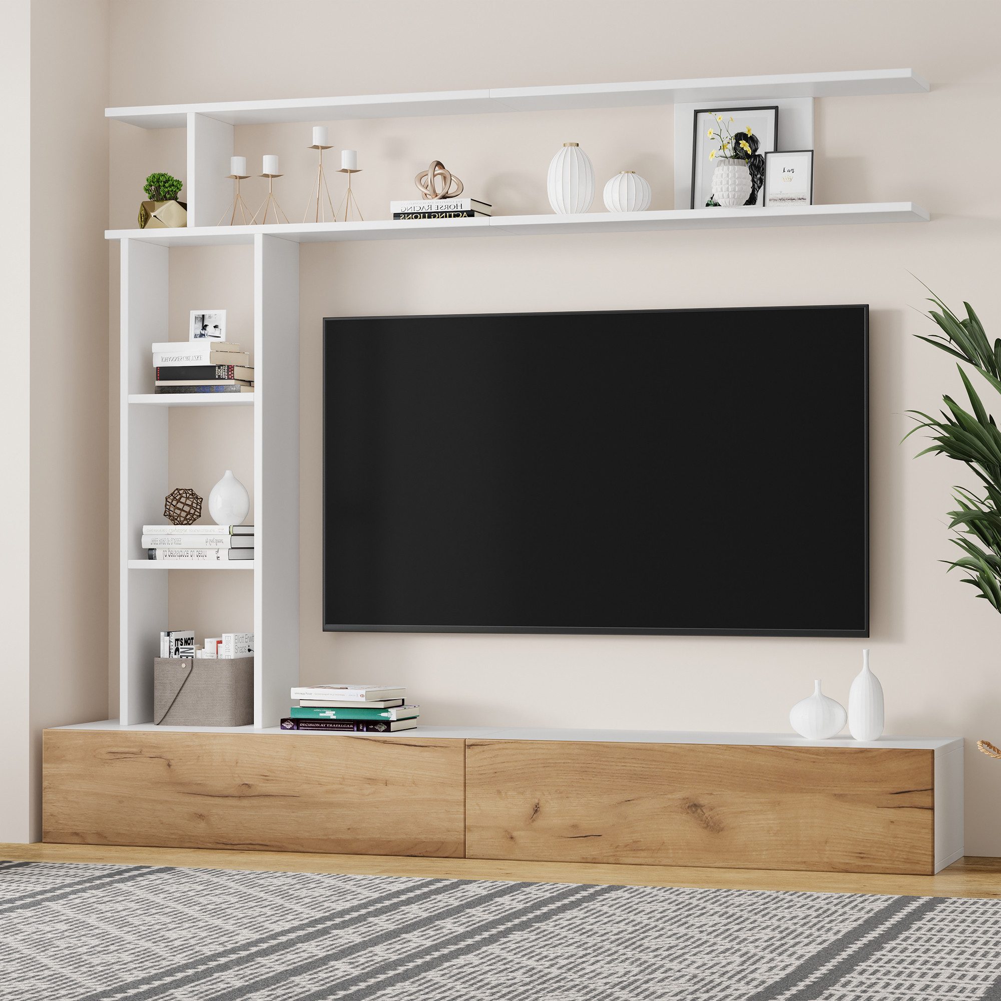 OKWISH Wohnzimmer-Set TV Wohnwand-set, stehend oder hängend, (Wohnzimmermöbel-Set, 1-St., TV-Board, Standregal und Wandregal), für TV bis 80 Zoll, 180*35*22.5cm
