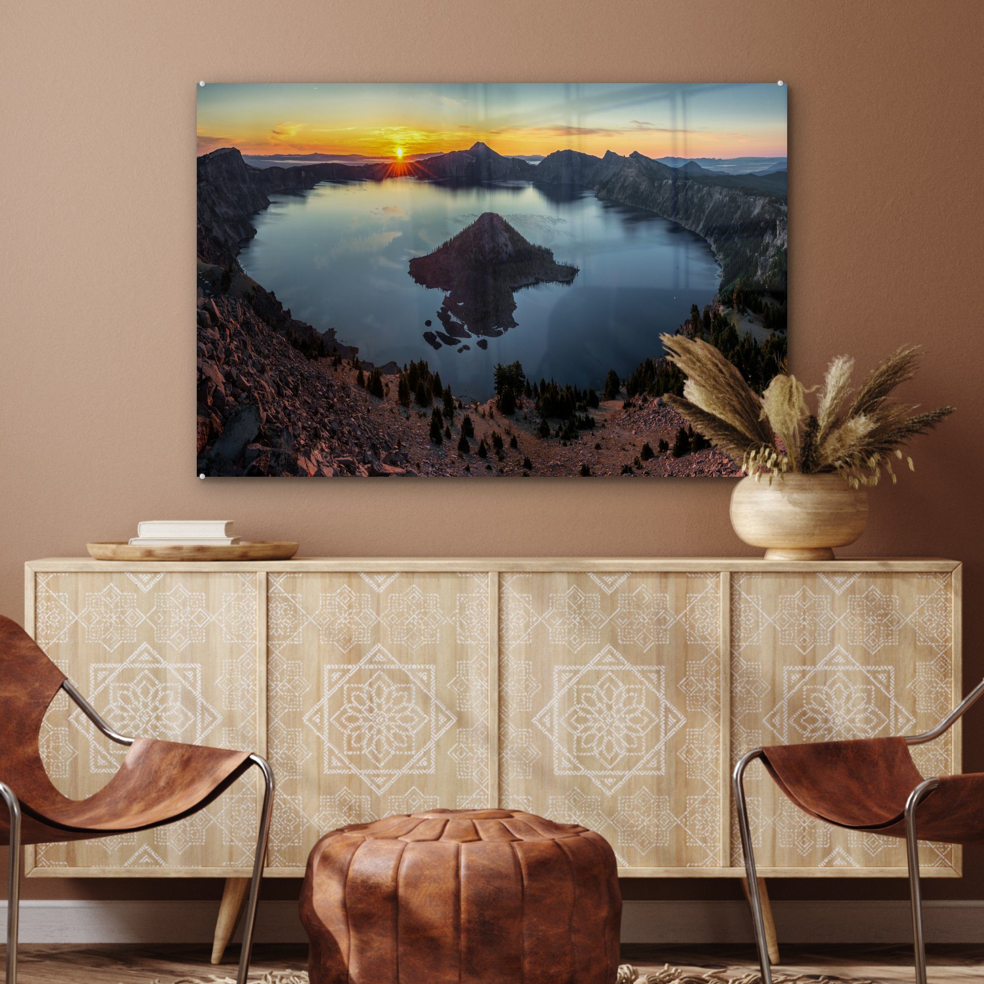 im Crater Park MuchoWow Schlafzimmer den National Lake USA, & Acrylglasbilder Sonnenuntergang in St), (1 Wohnzimmer Acrylglasbild