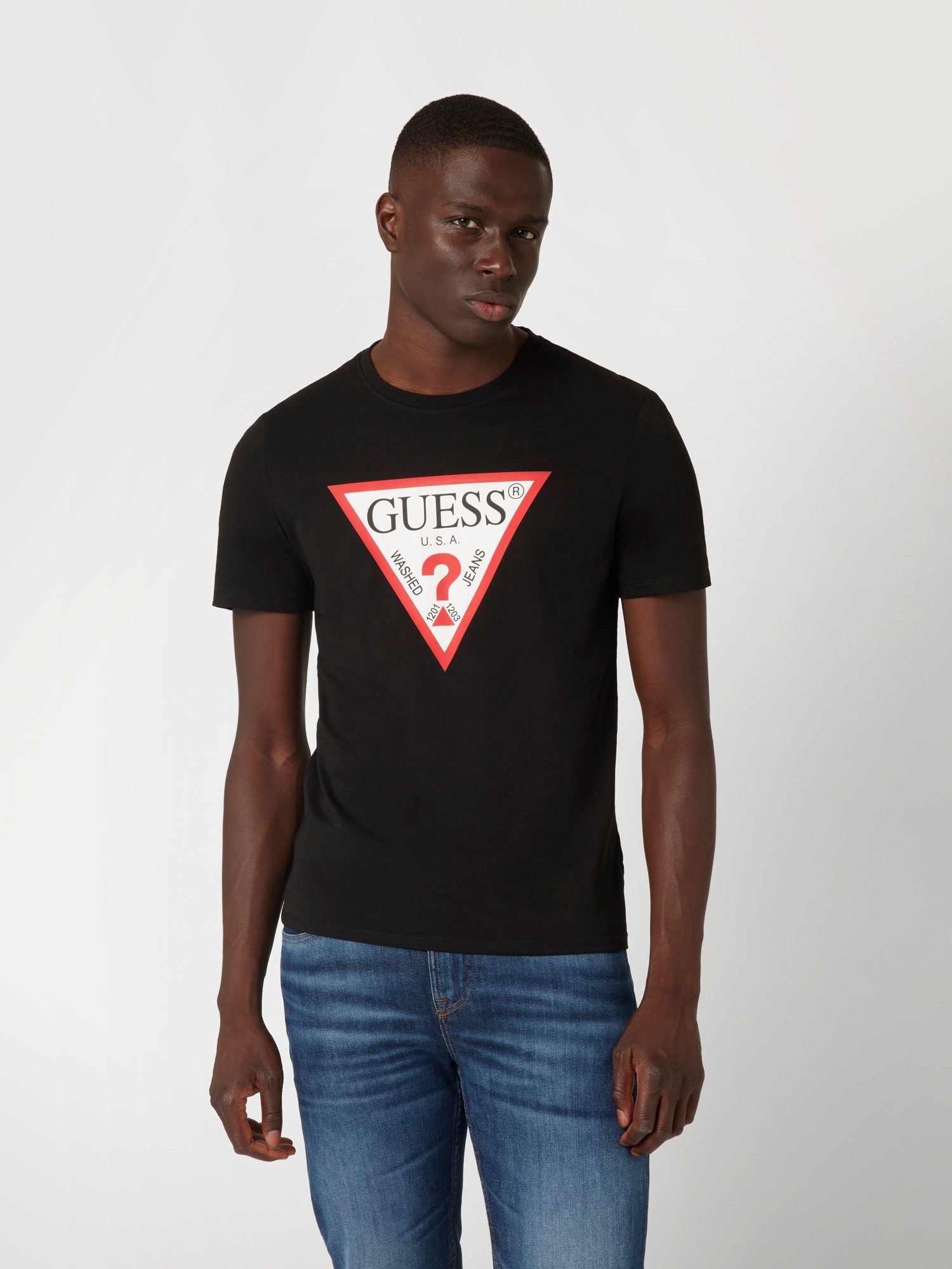 Guess T-Shirt ORIGINAL LOGO Rundhalsausschnitt, Slim Fit, reine Baumwolle