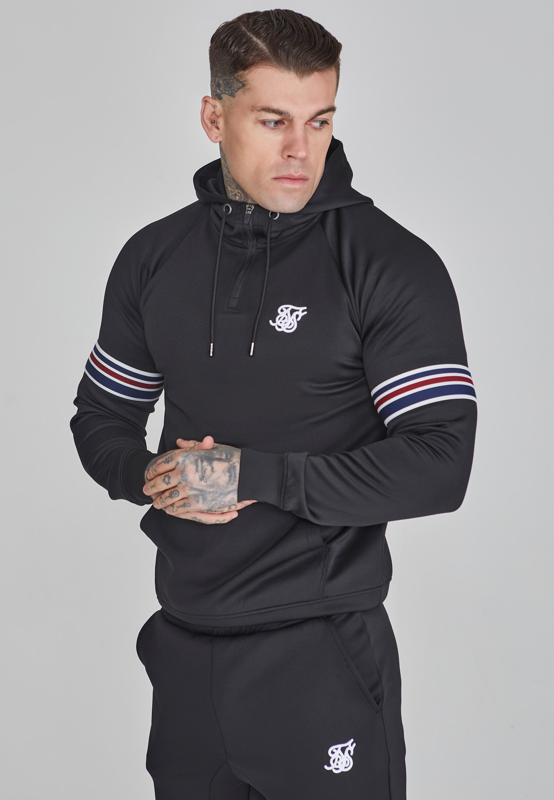 Siksilk Hoodie SikSilk Herren Schwarzer Quarter Zip Kapuzenpullover