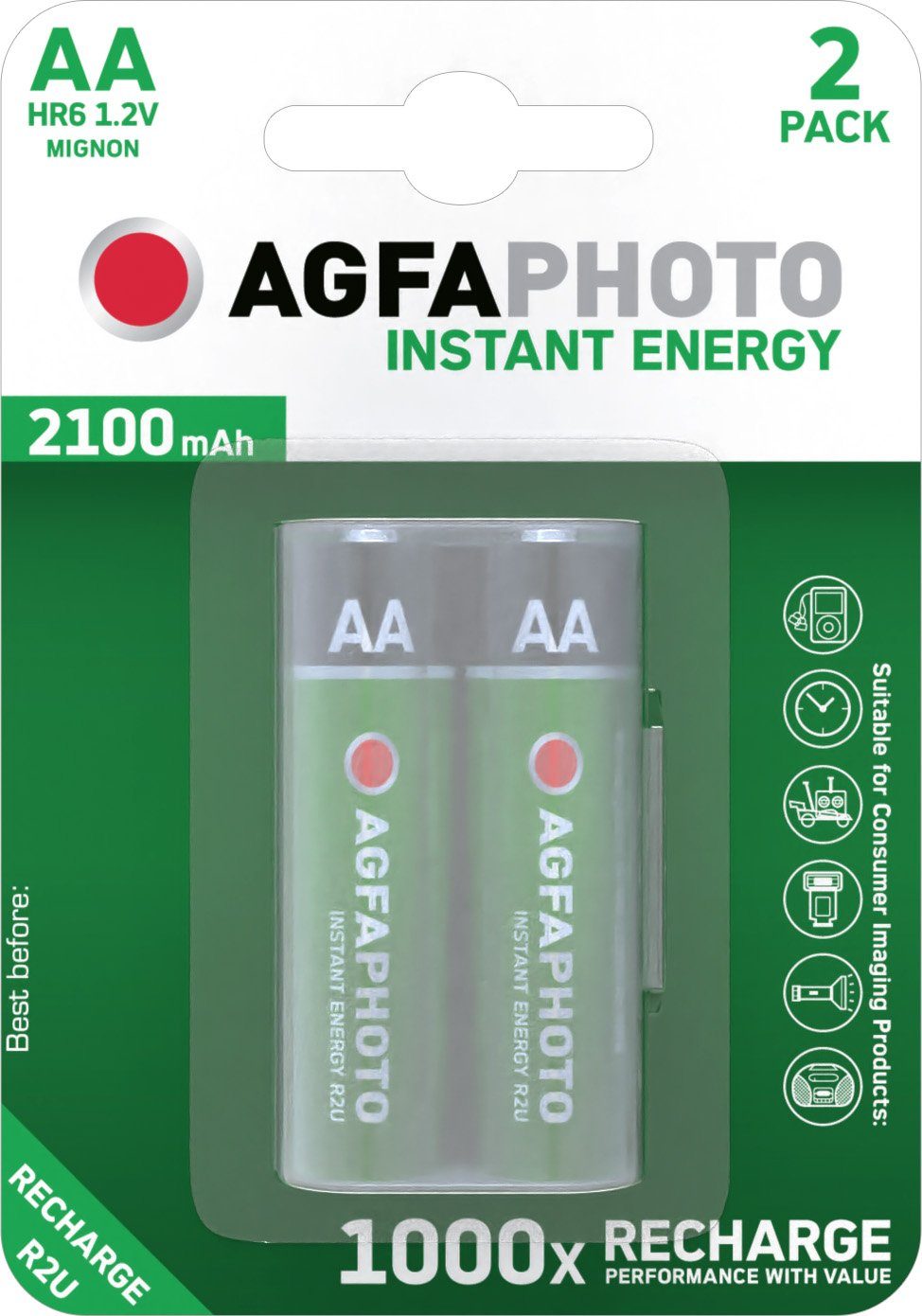 AgfaPhoto 2er Akku Instant (2 Pack Mignon Mignon/AA/HR06 1.2V/2100mAh Energy St)