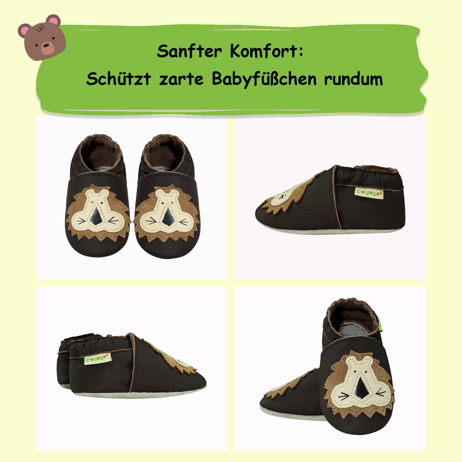 Sayoyo Weiche Leder Krabbelschuhe Hausschuhe Lederpuschen Löwe Lauflernschuh (100% Leder) – Bild 3 von 5