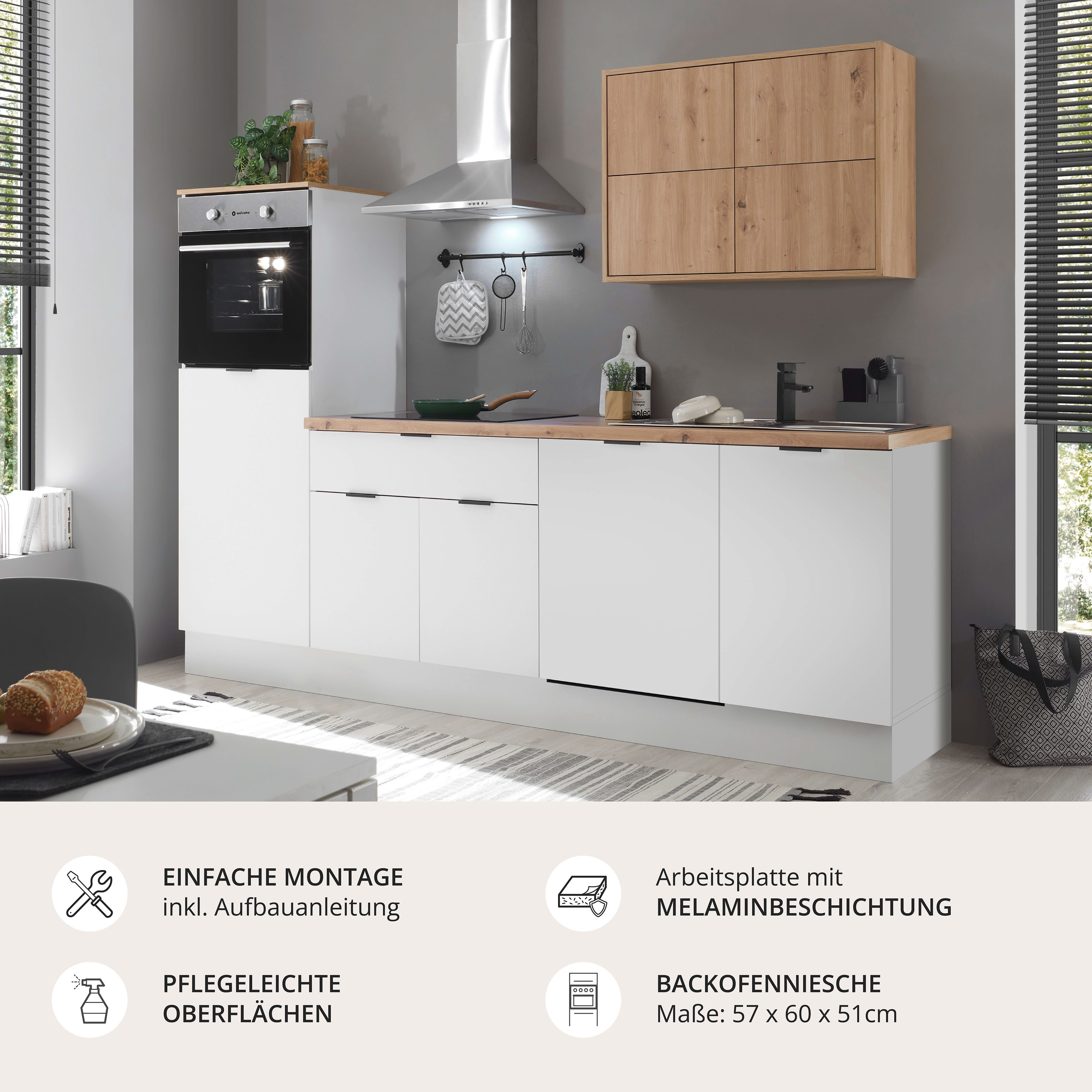 KOCHSTATION Küchenzeile KS-Georgia, mit 38mm starker Arbeitsplatte, Breite 260 cm, wahlweise mit E-Geräten und Kühlschrank