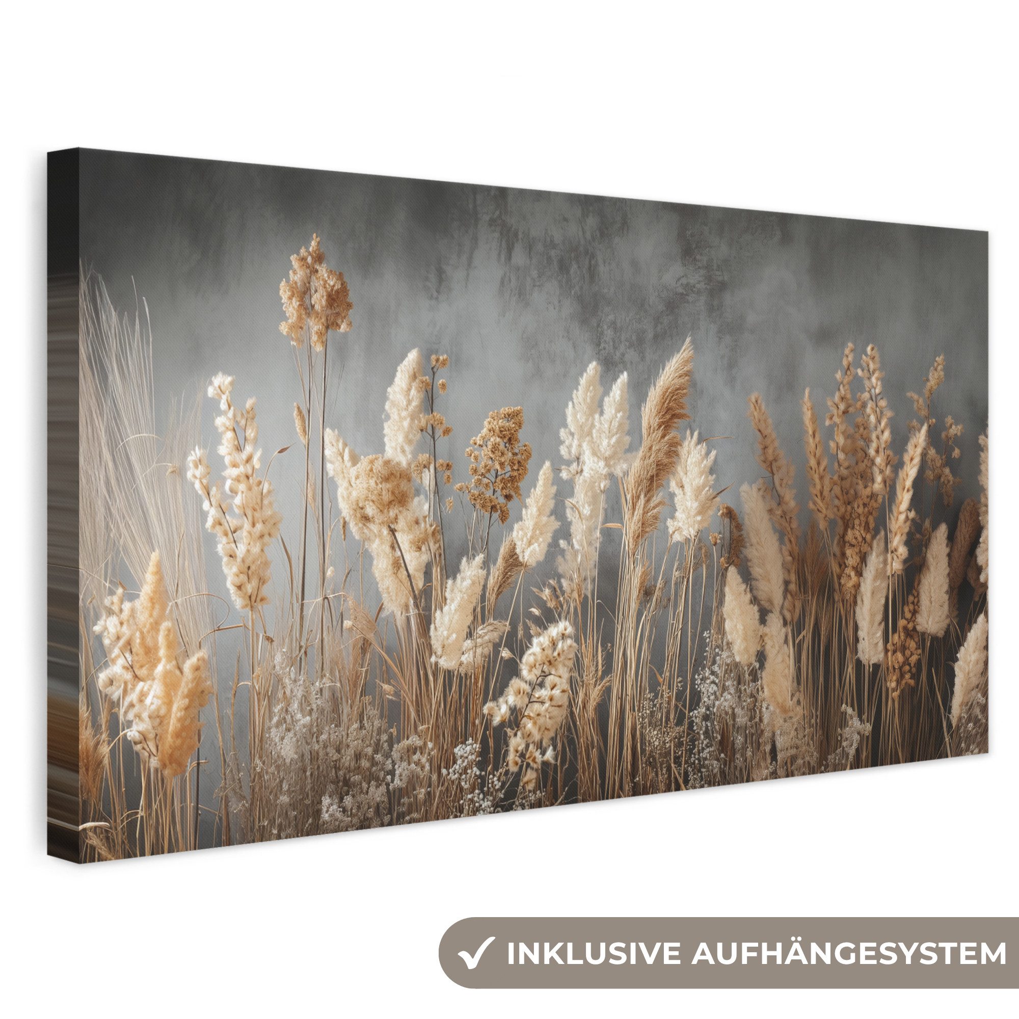 OneMillionCanvasses® Leinwandbild Panorama Getrocknete Feldblumen - Grau - Beton, Fotodruck (1 St), Wandbild, Deko Schlafzimmer Wohnzimmer Flur 40x20 cm