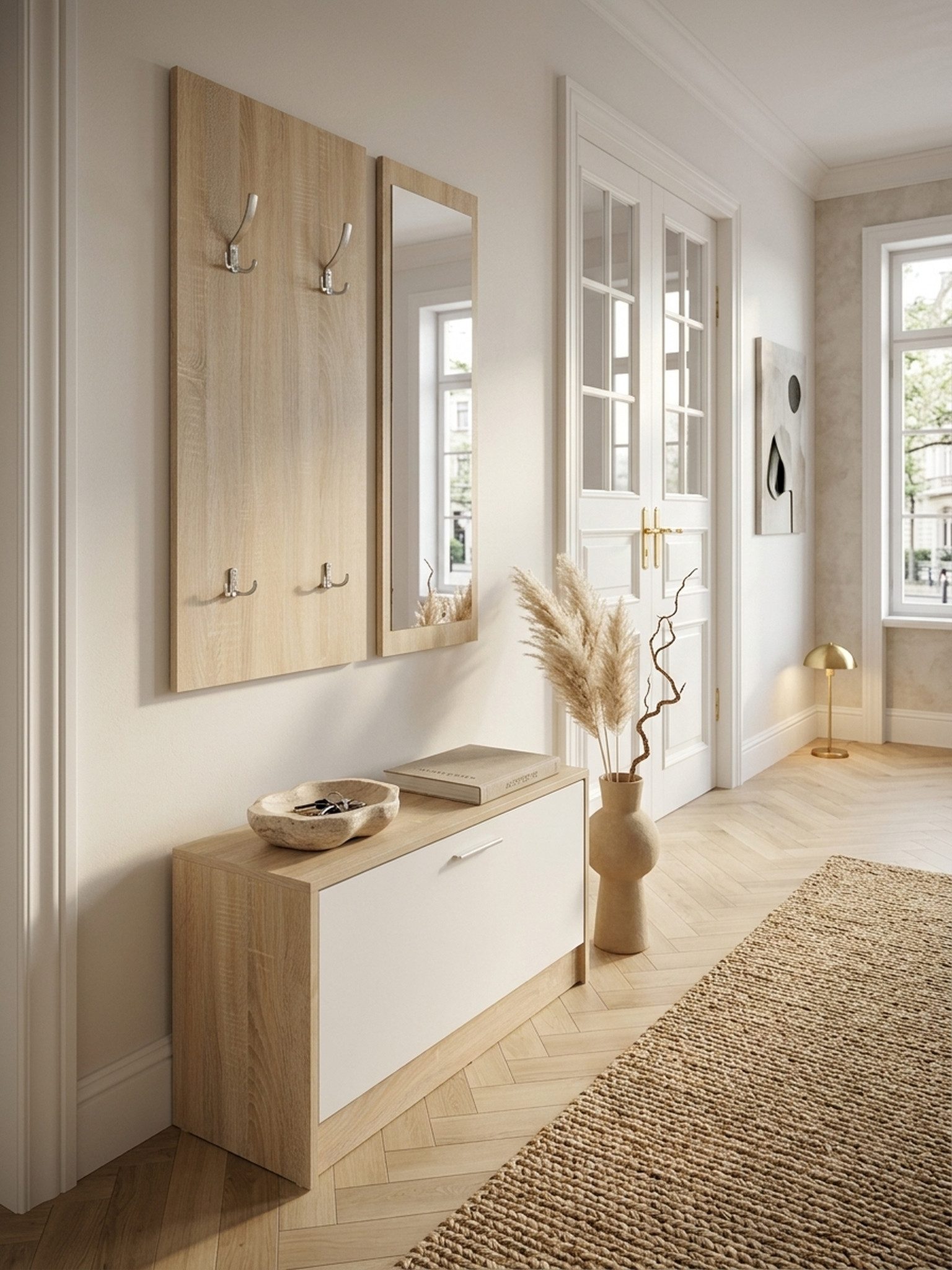 KADIMA DESIGN Garderobe Wand-Garderobe SALERNO mit Spiegel & Schuhschrank Spanplatte sonoma (Komplettgarderobe), Moderne Flur-Kompaktgarderobe für Jacken & Schuhe