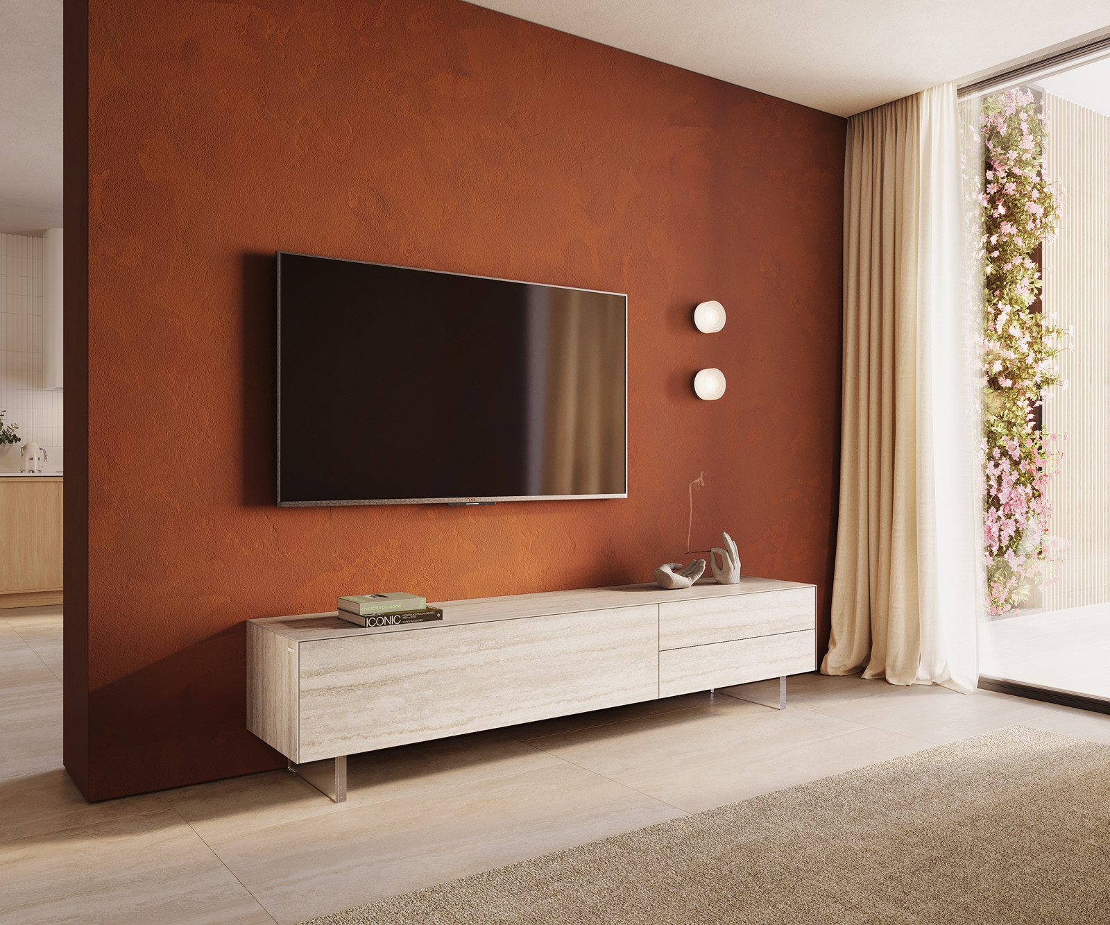 DELIFE Lowboard Cuor, Keramik Laminam® Travertino Bianco Creme-Weiß 220 cm 1 Klappe 2 Schubf