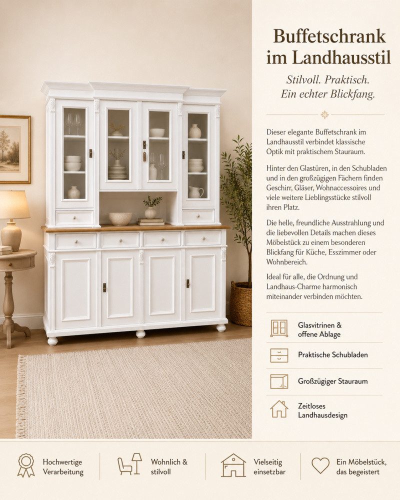 Wohnpalast Buffet Küchenschrank Buffetschrank Landhaus Massivholz mit Türen und Schublad