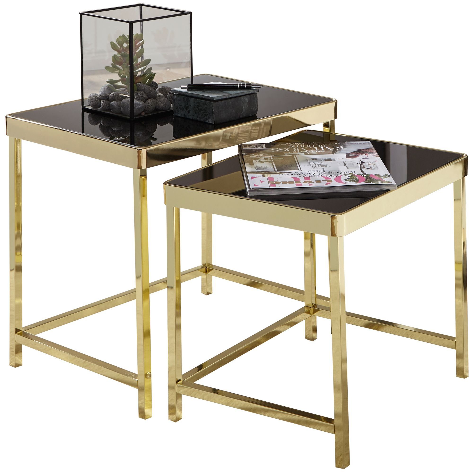 Wohnling Satztisch WL5.778 (Schwarz / Gold, Beistelltisch Metall / Glas), Couchtisch Set aus zwei Tischen, Wohnzimmertisch