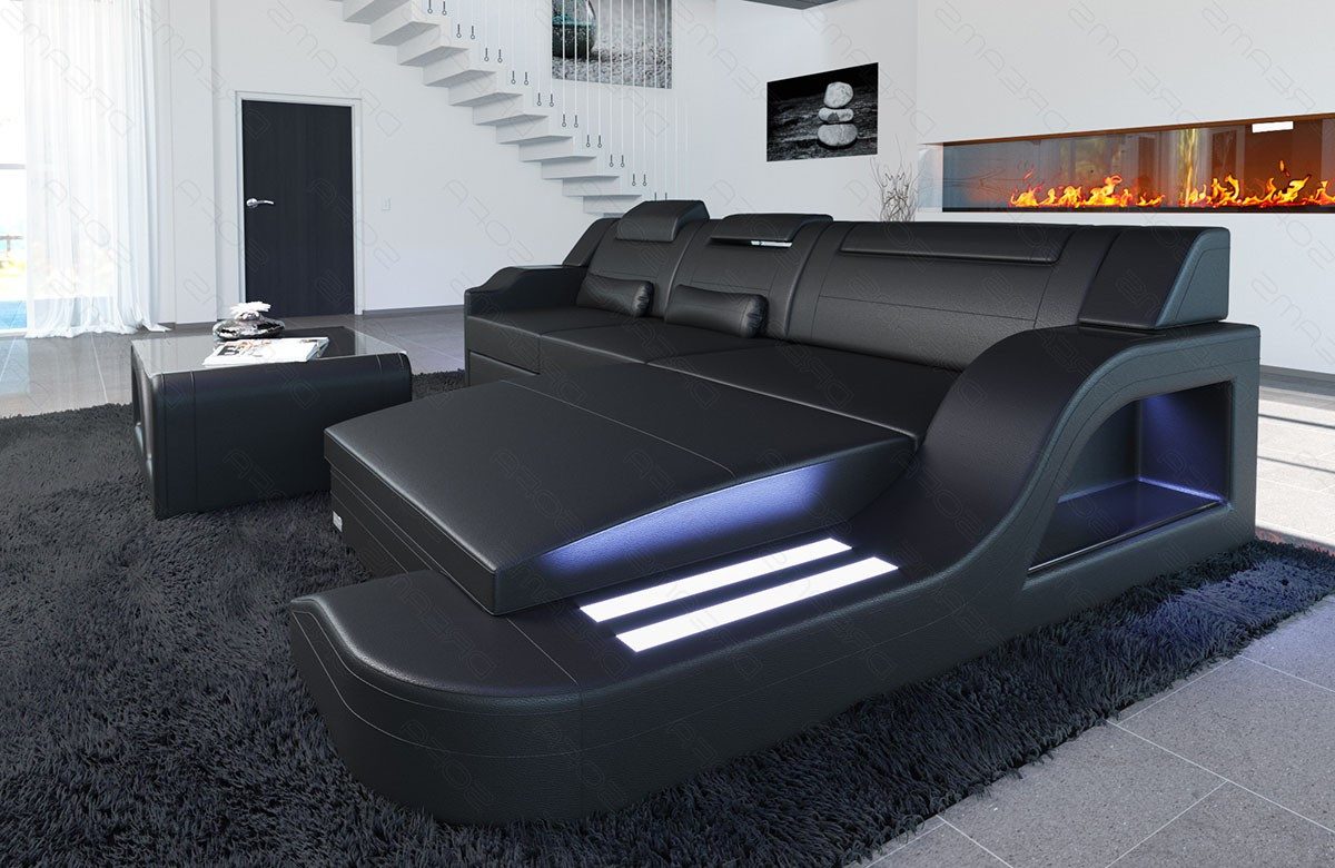 Sofa Dreams Ecksofa Ledersofa Palermo L Form Mini, Designersofa Couch, mit LED Licht & USB Anschluss