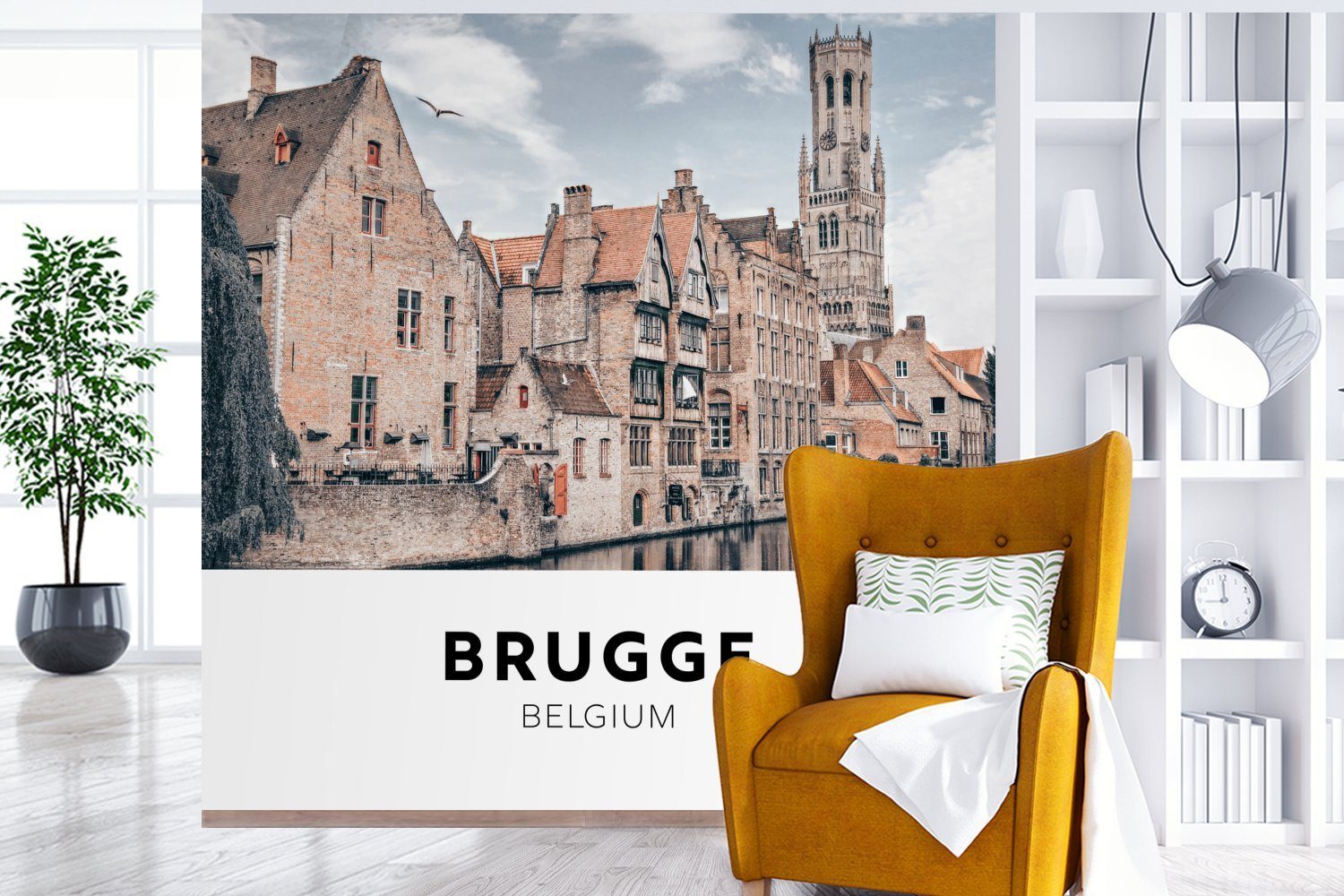 Wohnzimmer bedruckt, MuchoWow Matt, Belgien oder St), Häuser, (5 Vinyl - - für Brügge Wandtapete Schlafzimmer, Fototapete Tapete