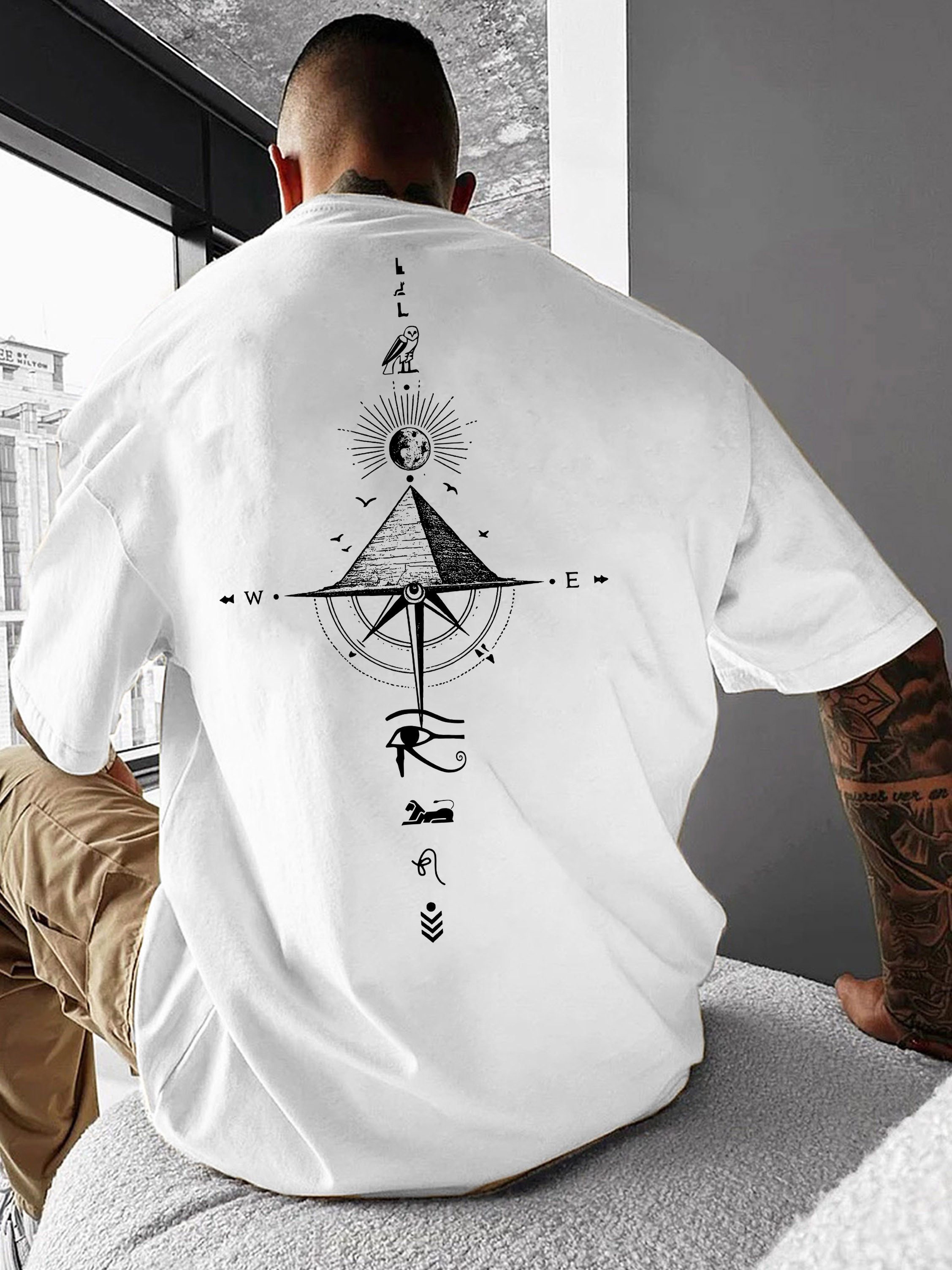 RMK Print-Shirt Herren T-Shirt Basic Rundhals Kompass Welt Pyramide aus 100% Baumwolle