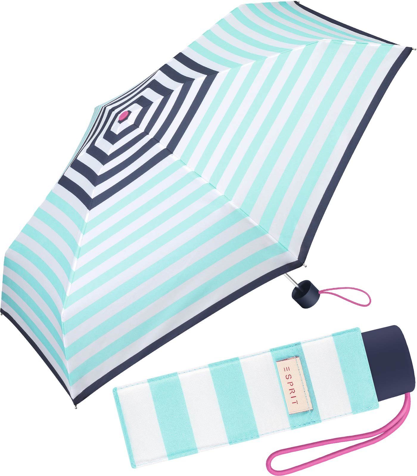 Esprit Taschenregenschirm kleiner, handlicher Schirm für Damen, mit jugendlichem Streifenmuster - navy-hellblau