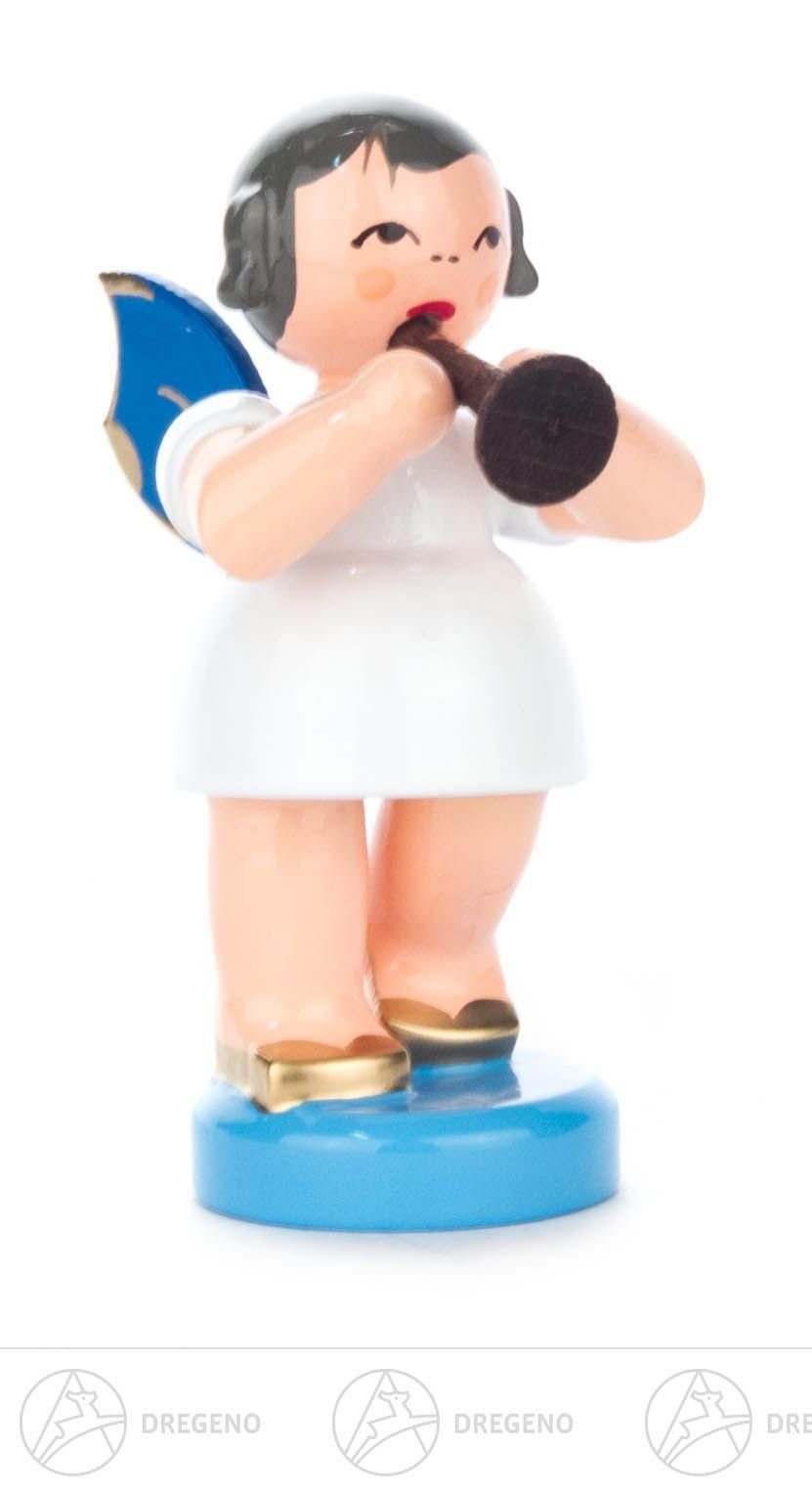 Dregeno Erzgebirge Engelfigur Engel mit Flöte stehend, blaue Flügel Höhe ca 5,5 cm NEU