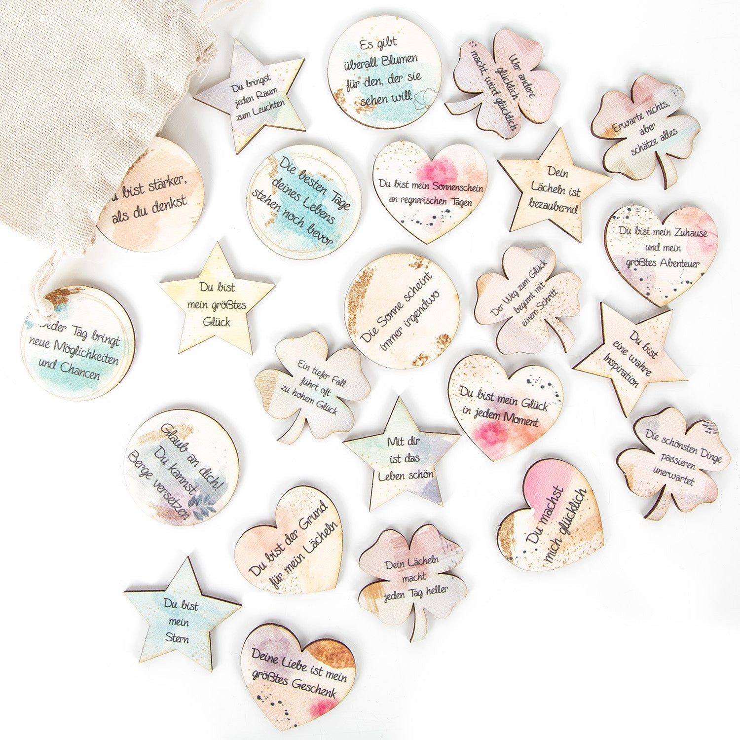 Logbuch-Verlag Dekofigur 24 kleine Geschenke Glückstaler mit Sprüchen - Glücksbringer 4 cm