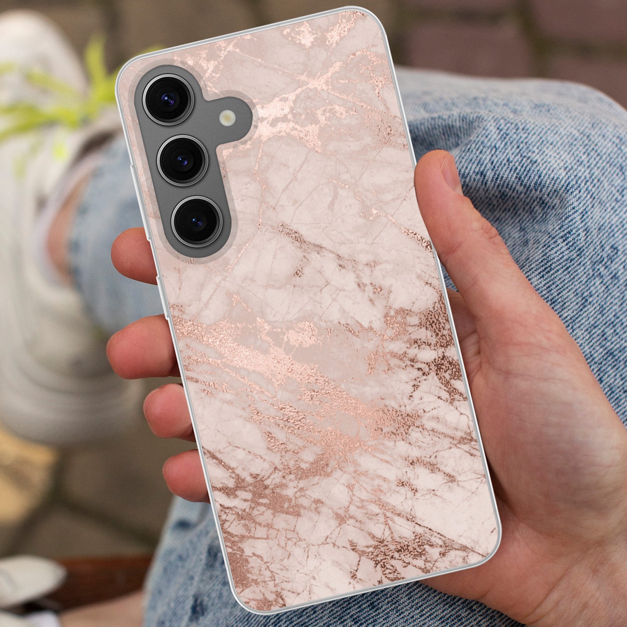 MuchoWow Handyhülle für Samsung Galaxy S24 Marmor - Rosa - Luxus - Marmoroptik - Glitzer -, Phone Case, Silikon, Schutzhülle Dünn